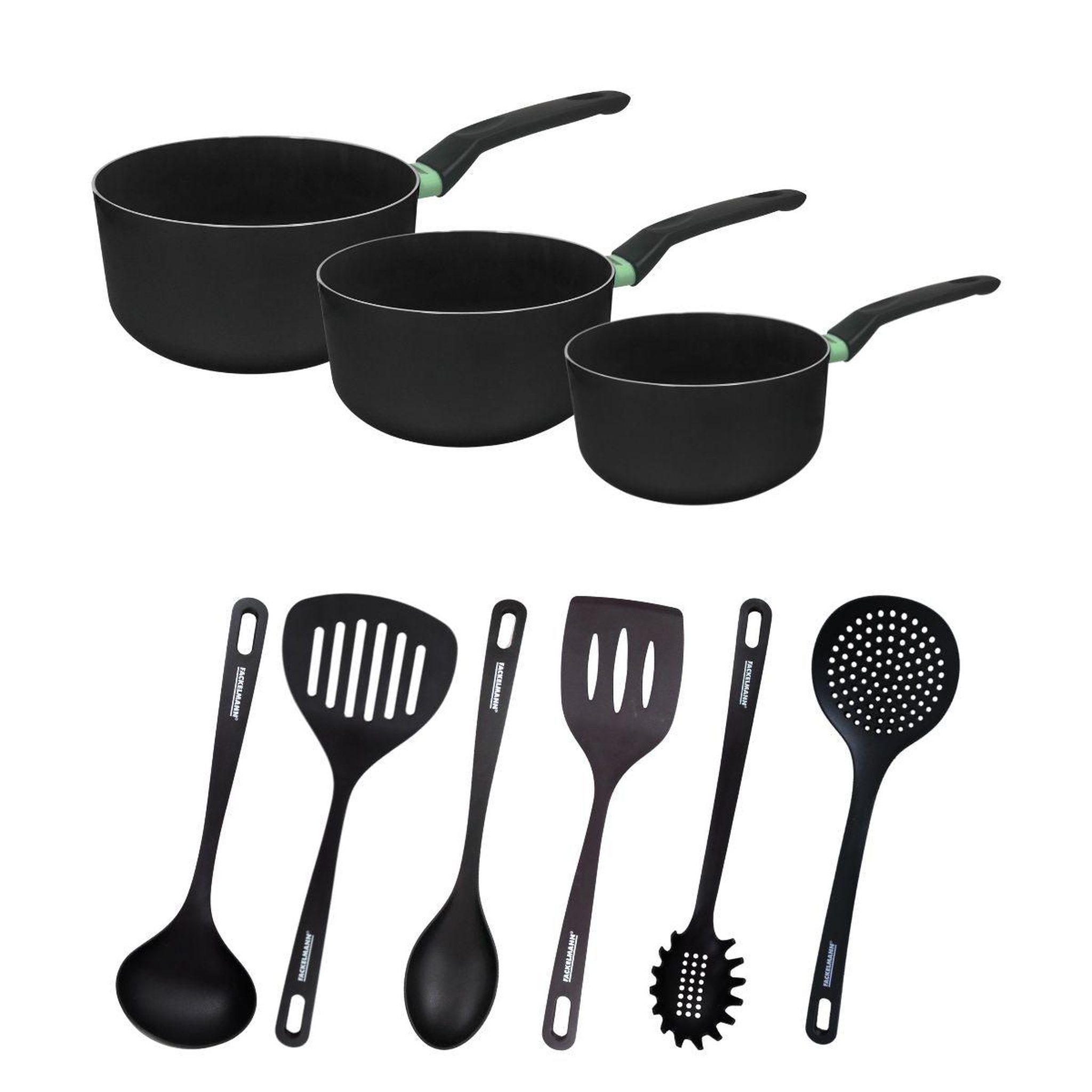 Fackelmann Set de 3 casseroles antiadhésives céramique 16, 18 et 20 cm et 6 ustensiles fackelmann brandao