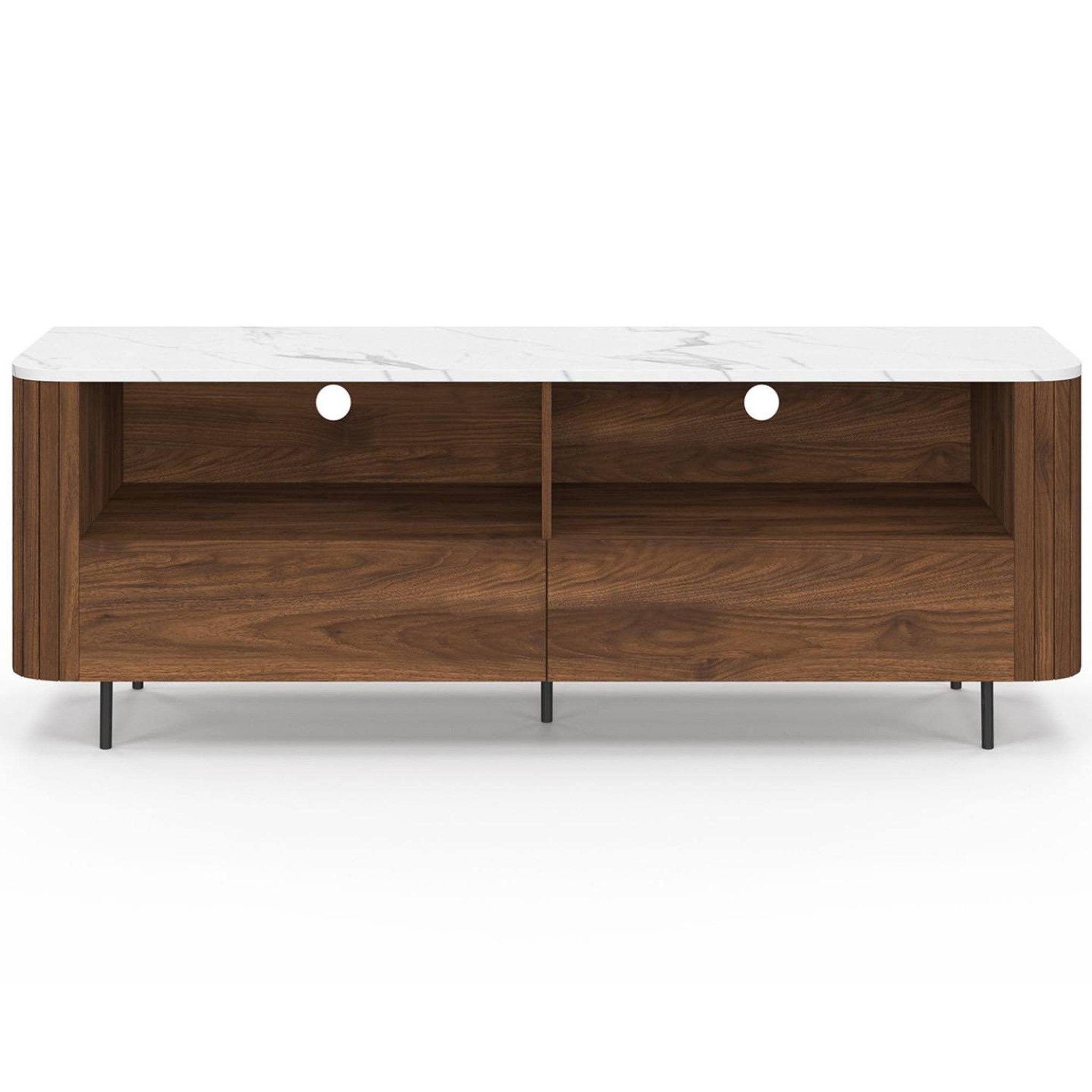 Voir la diapositive 3 : ID MARKET Meuble tv 140 cm marla noyer effet lattes 2 tiroirs et plateau marbre blanc alaska