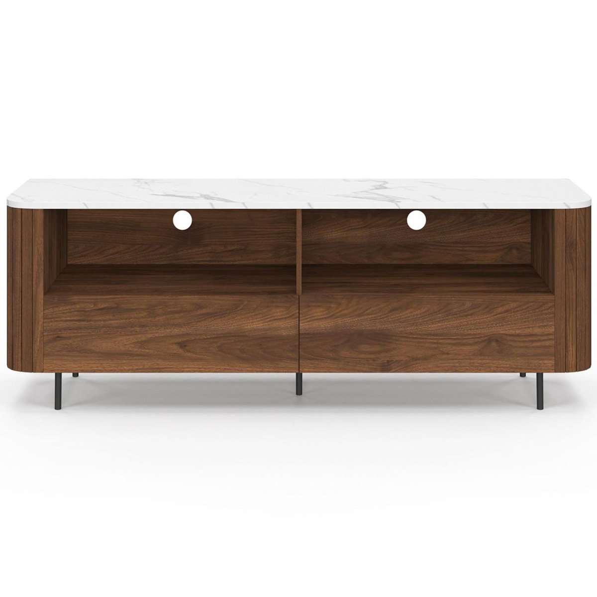 ID MARKET Meuble TV 140 cm MARLA noyer effet lattes 2 tiroirs et plateau marbre blanc ALASKA