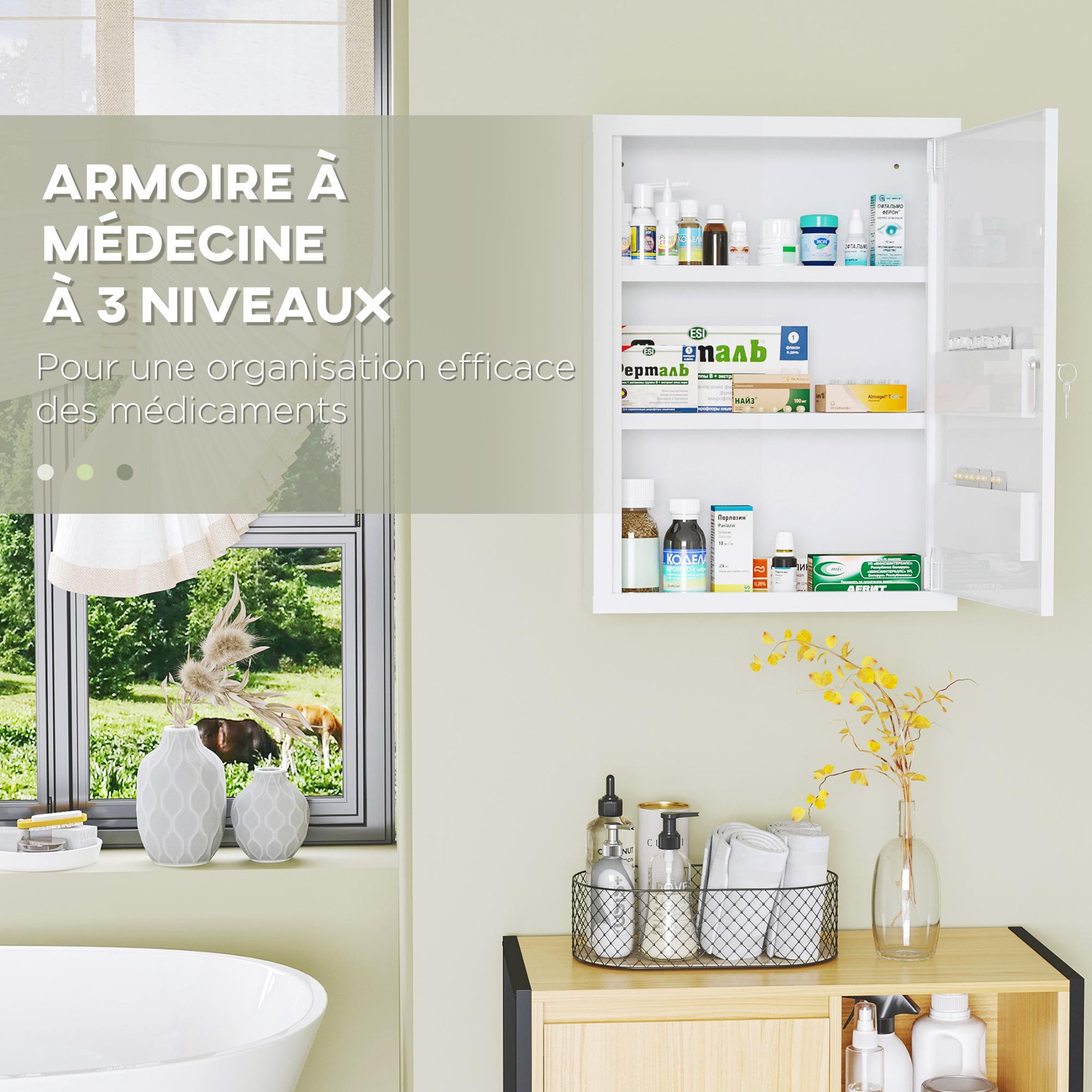 Voir la diapositive 5 : KLEANKIN Armoire à pharmacie 2 étagères 3 niv. Verrouillables dim. 40l x 15l x 53h cm 2 clés logo croix acier blanc