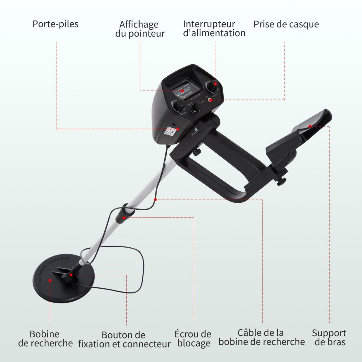 OUTSUNNY Détecteur de métaux - sensibilité, volume ajustable - bobine étanche, manche telescopique - alu. ABS noir