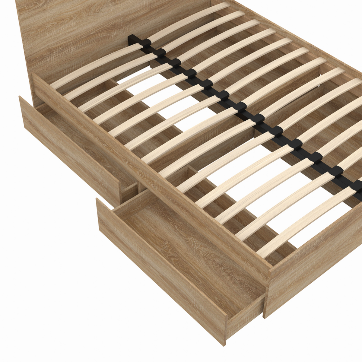 ID MARKET Lit double OMAHA 4 tiroirs sur roulettes avec tête de lit et sommier 140 x 190 cm façon hêtre