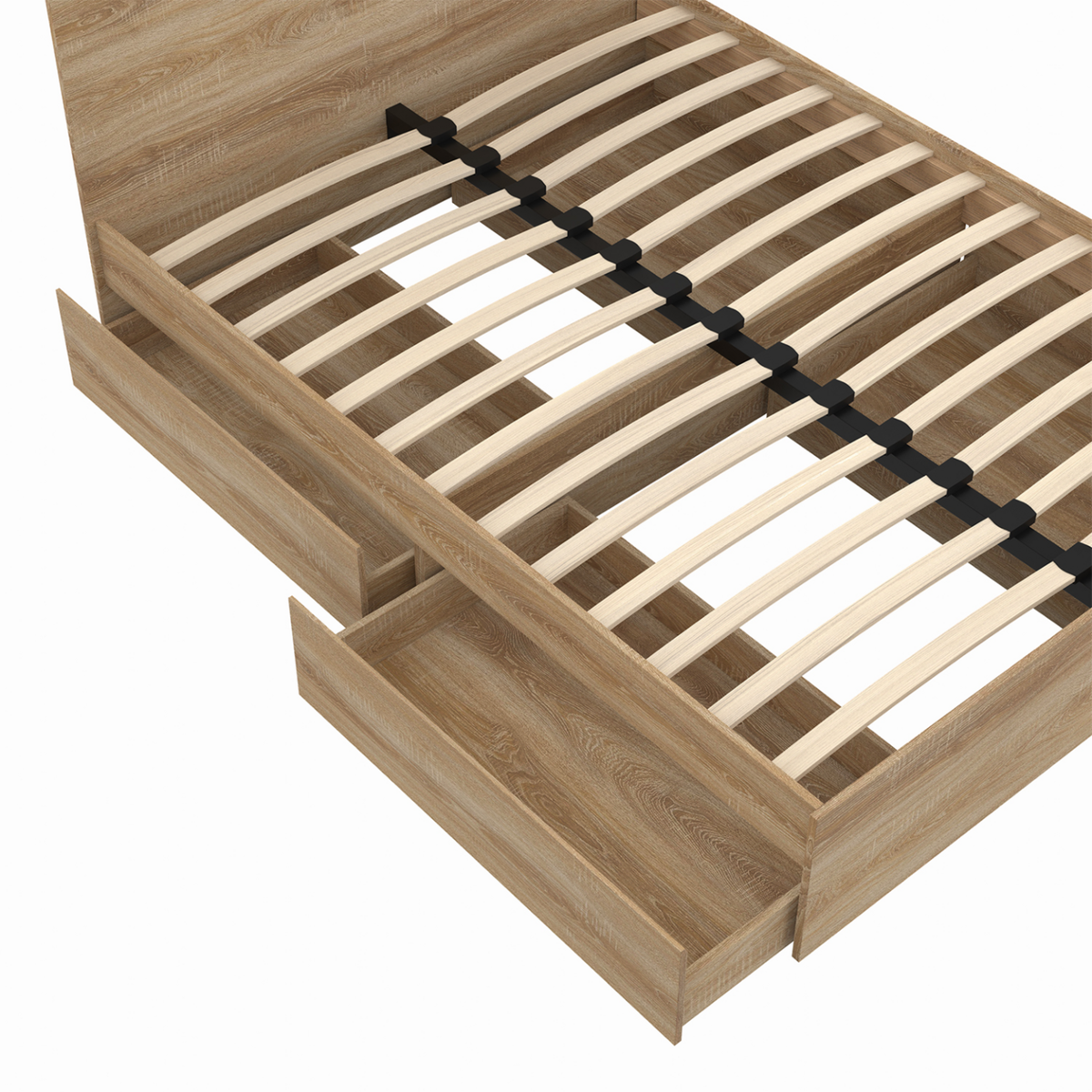 ID MARKET Lit double OMAHA 4 tiroirs sur roulettes avec tête de lit et sommier 140 x 190 cm façon hêtre