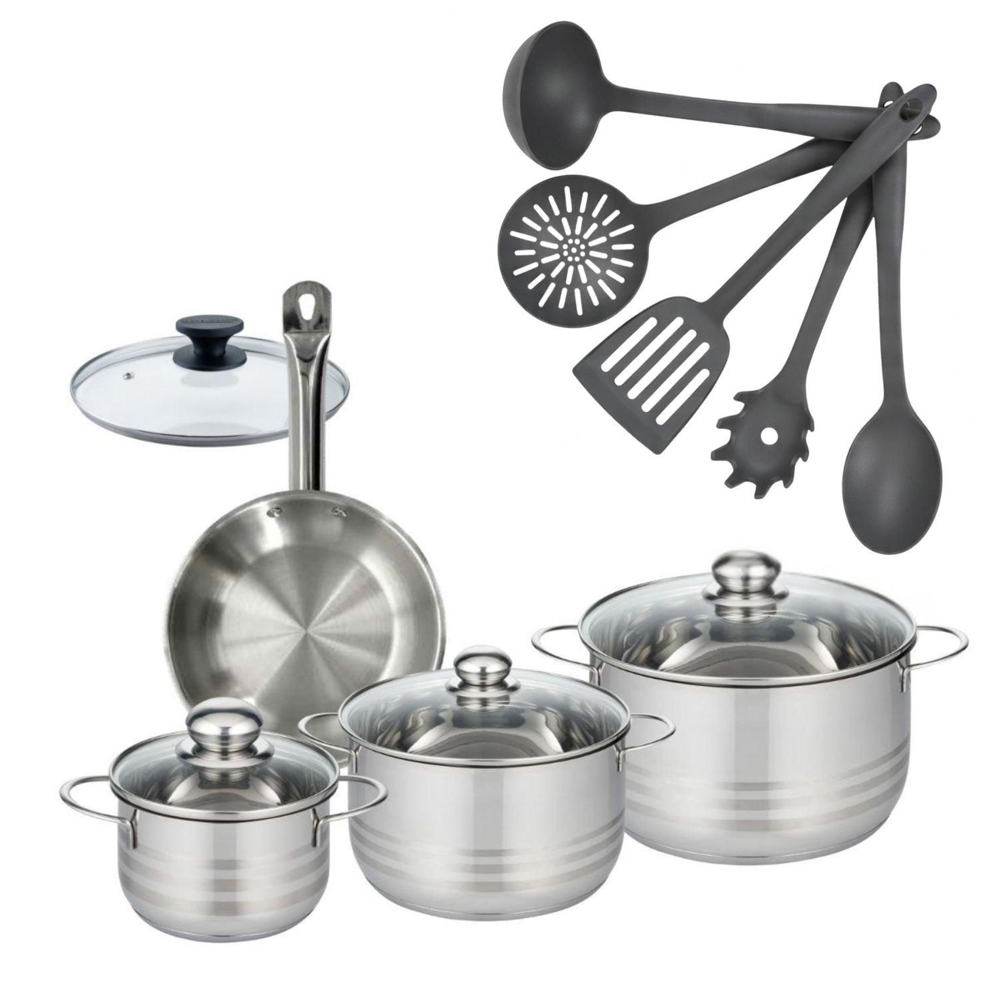 Fackelmann Batterie de cuisine avec 3 faitouts 16/20/24 cm 1 poêle 20 cm et 6 ustensiles de cuisine sans pfas fackelmann etherna brillant clip avec couvercles