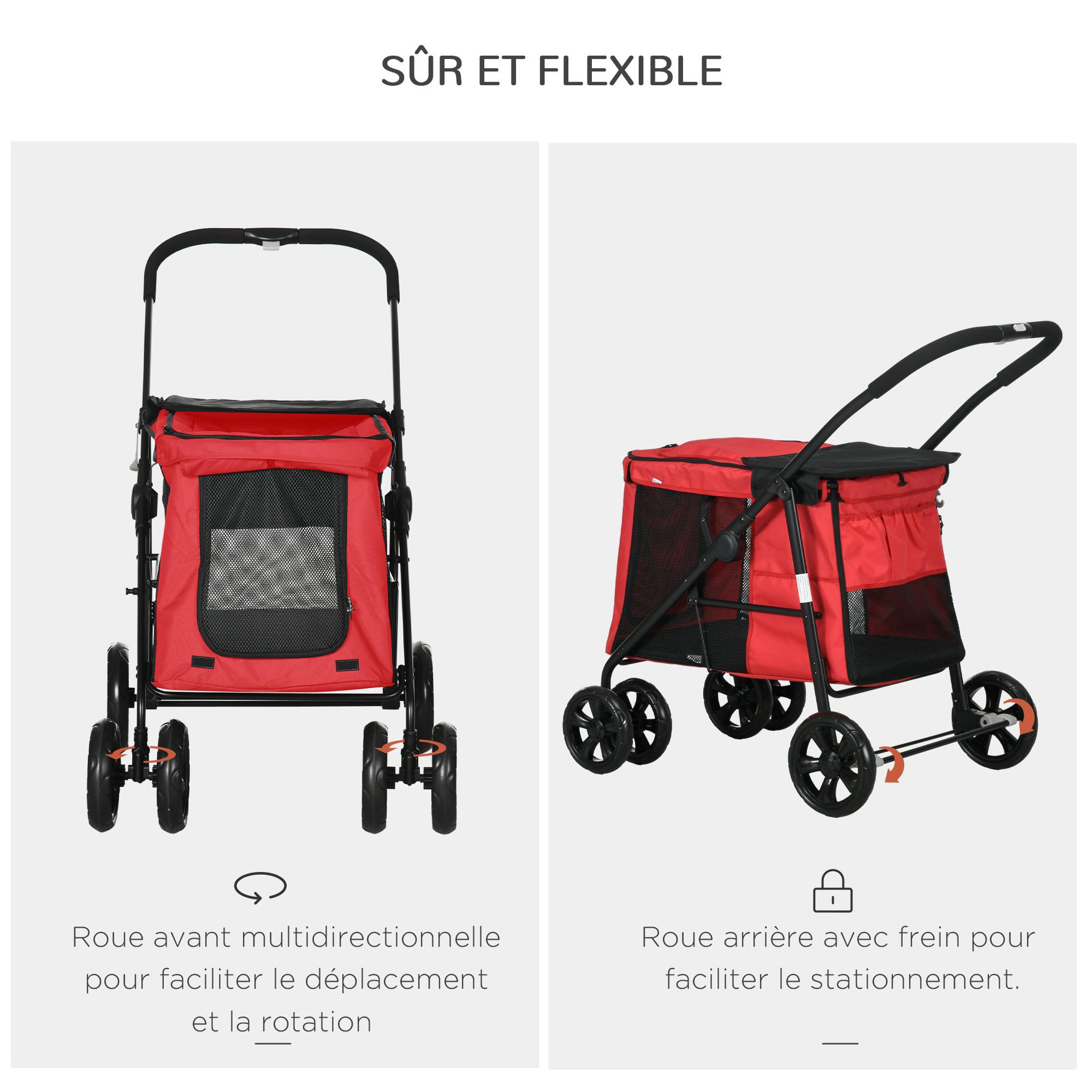 Voir la diapositive 5 : PAWHUT Poussette pliable pour chien chat 4 roues 3 pochettes rangement coussin acier oxford rouge