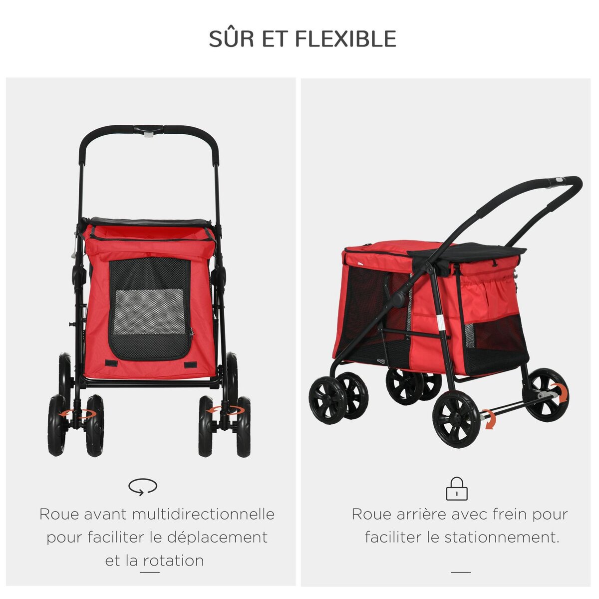 PAWHUT Poussette pliable pour chien chat 4 roues 3 pochettes rangement coussin acier oxford rouge