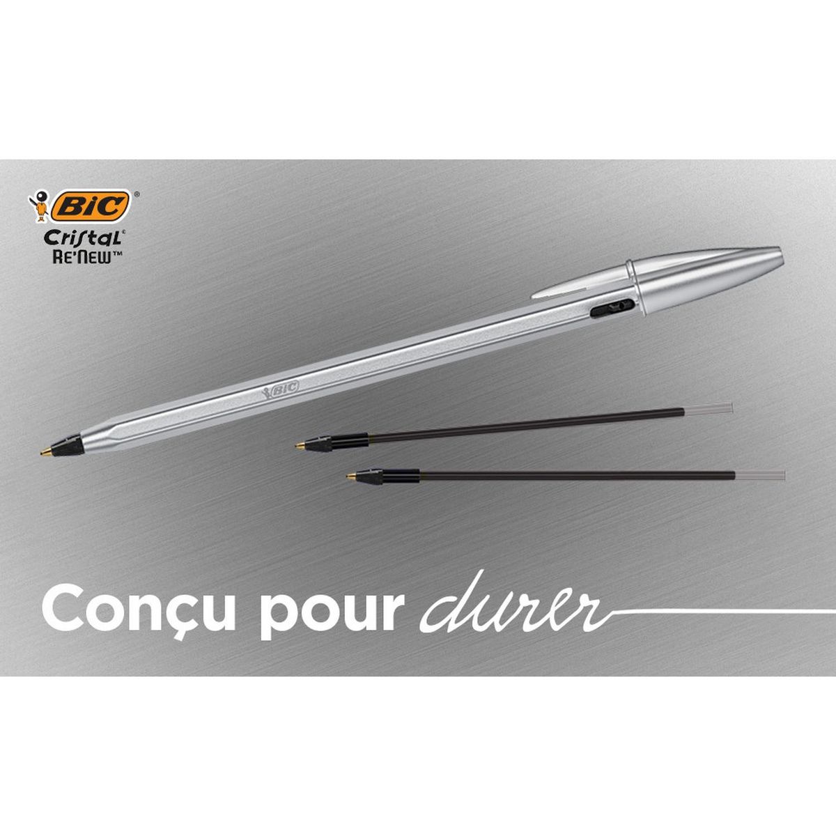 BIC Lot de 1 stylo bille métal rechargeable pointe moyenne 1.0mm + 2 recharges CRISTAL RE NEW bleu