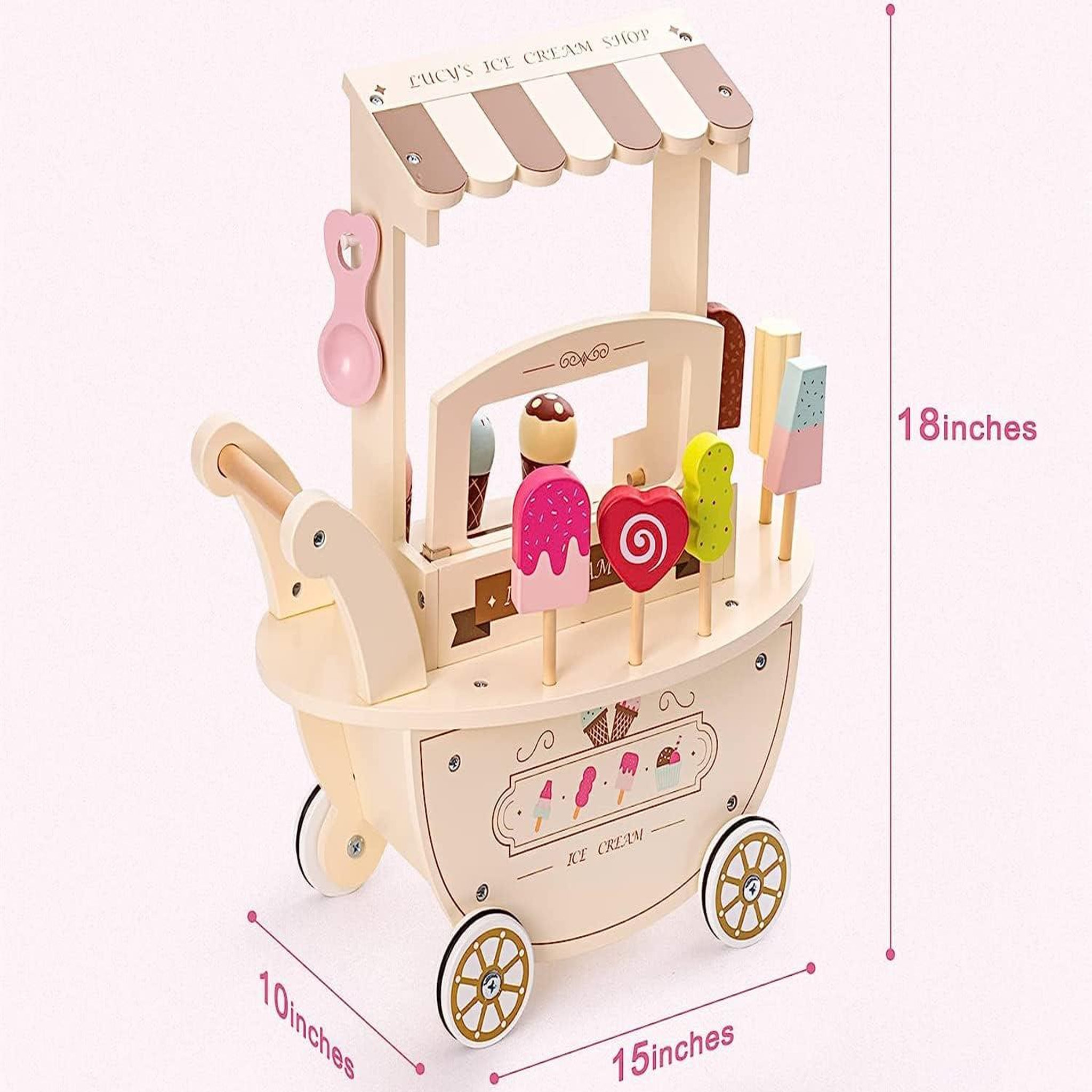 Voir la diapositive 3 : MAMABRUM Marchande Enfant, Marchande Glace en sur Roues avec poignée & Accessoires, Chariot Jouet en bois
