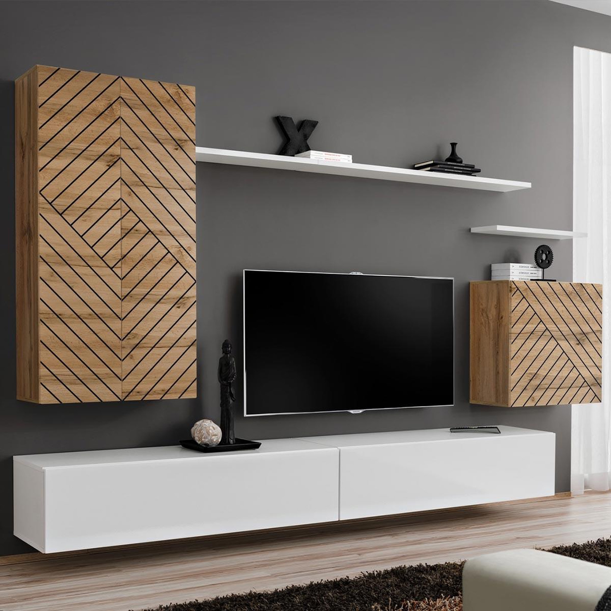 Paris Prix Ensemble meuble tv  switch lamel ii  270cm blanc & naturel