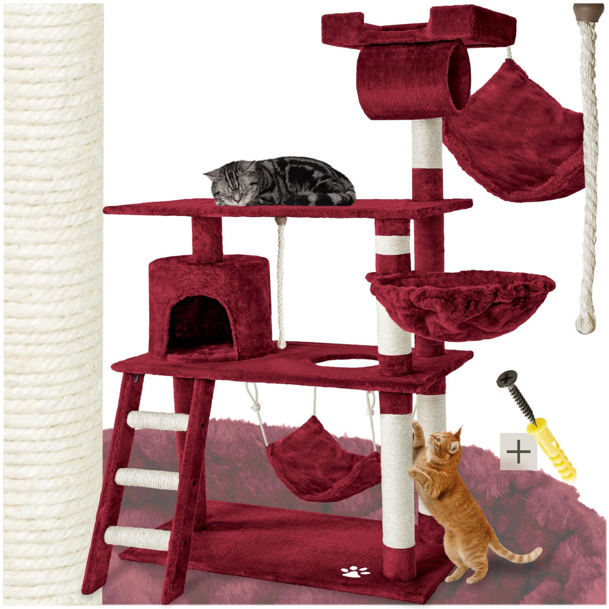 tectake Arbre à chat 141 cm avec griffoir et plateforme d'escalade rouge bordeaux