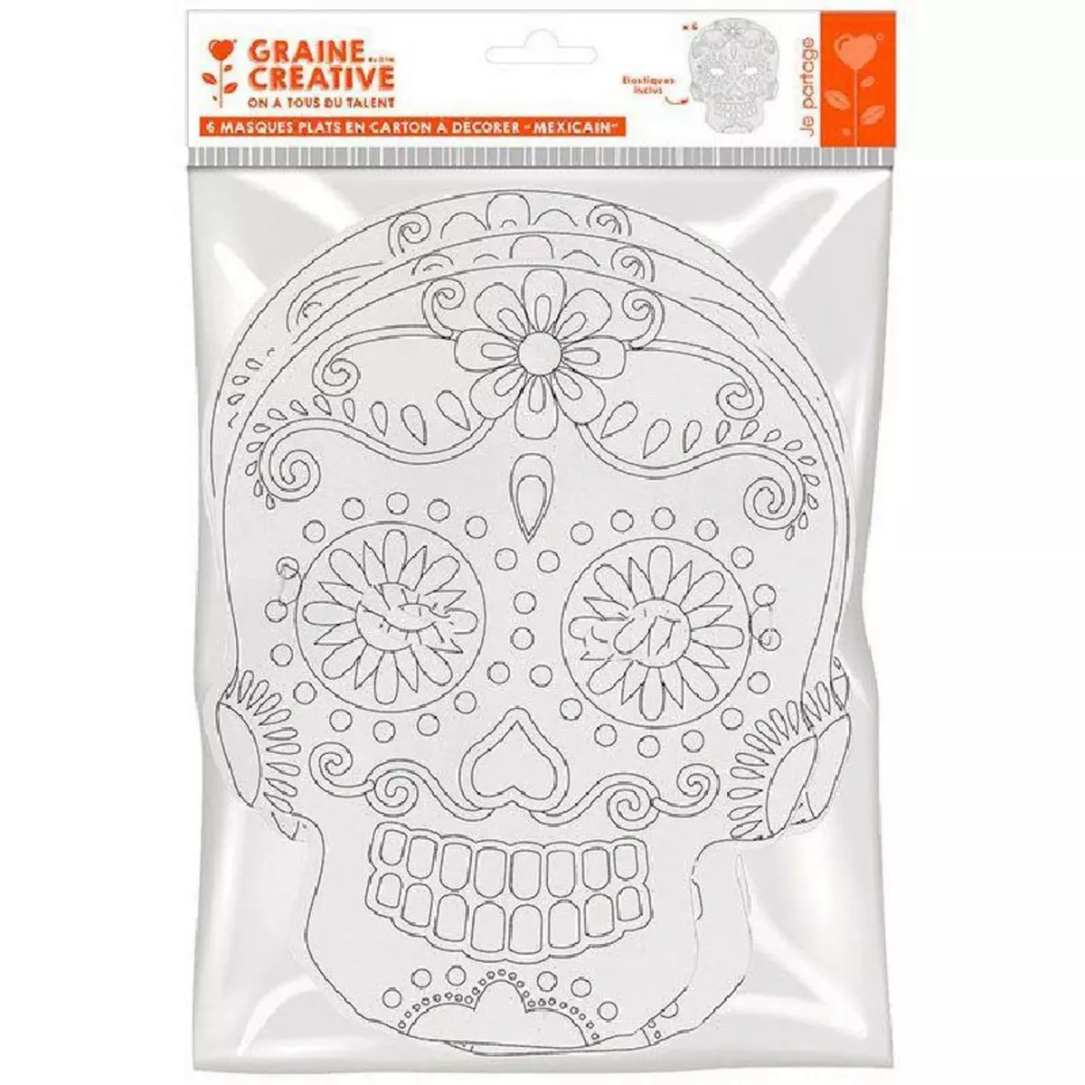 Graine créative 6 masques plats en carton à colorier - Calavera mexicaine