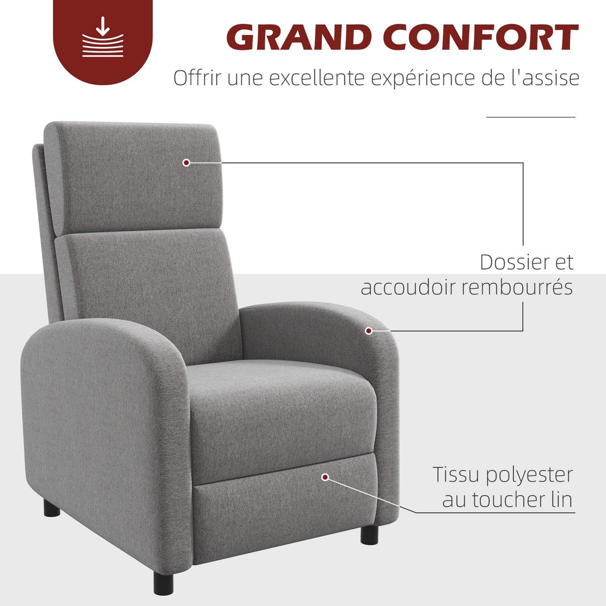 HOMCOM Fauteuil de relaxation inclinable réglable repose-pied tissu gris