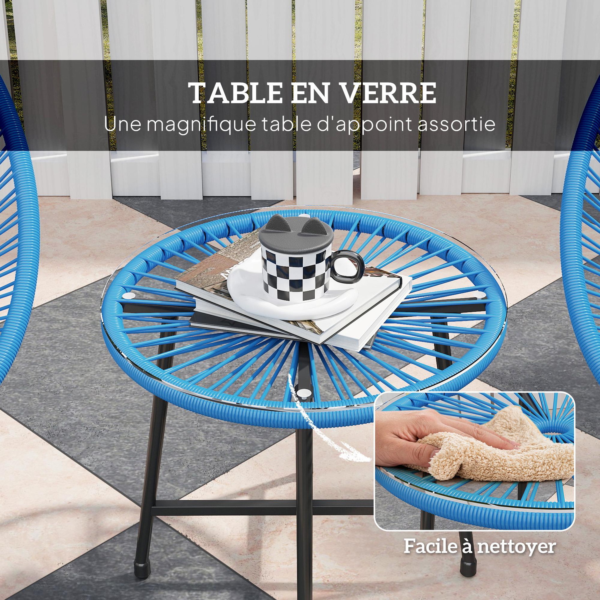 Voir la diapositive 5 : OUTSUNNY Salon de jardin 3 pcs 2 places design acapulco plateau verre trempé acier noir résine filaire bleu