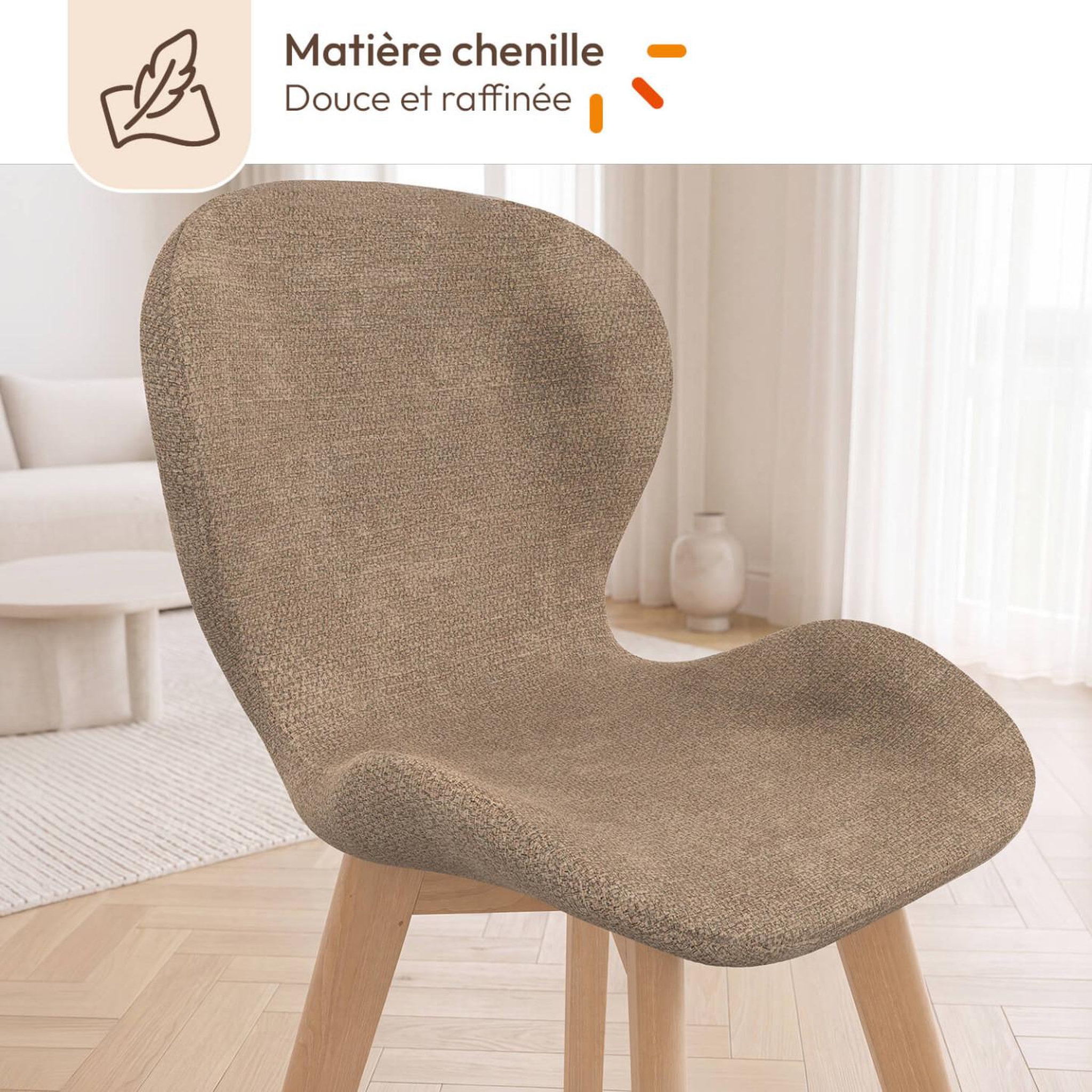 Voir la diapositive 4 : ID MARKET Lot de 6 chaises robine en tissu chenille mix color taupe x2, beige x2, marron x2