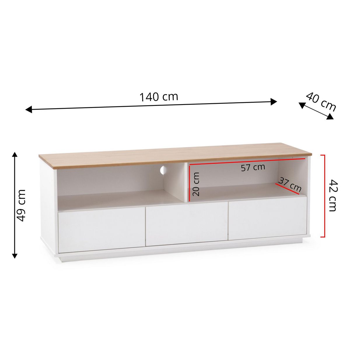 VS VENTA-STOCK Meuble tv Bob 3 tiroirs 2 niches blanc/chêne, bois massif