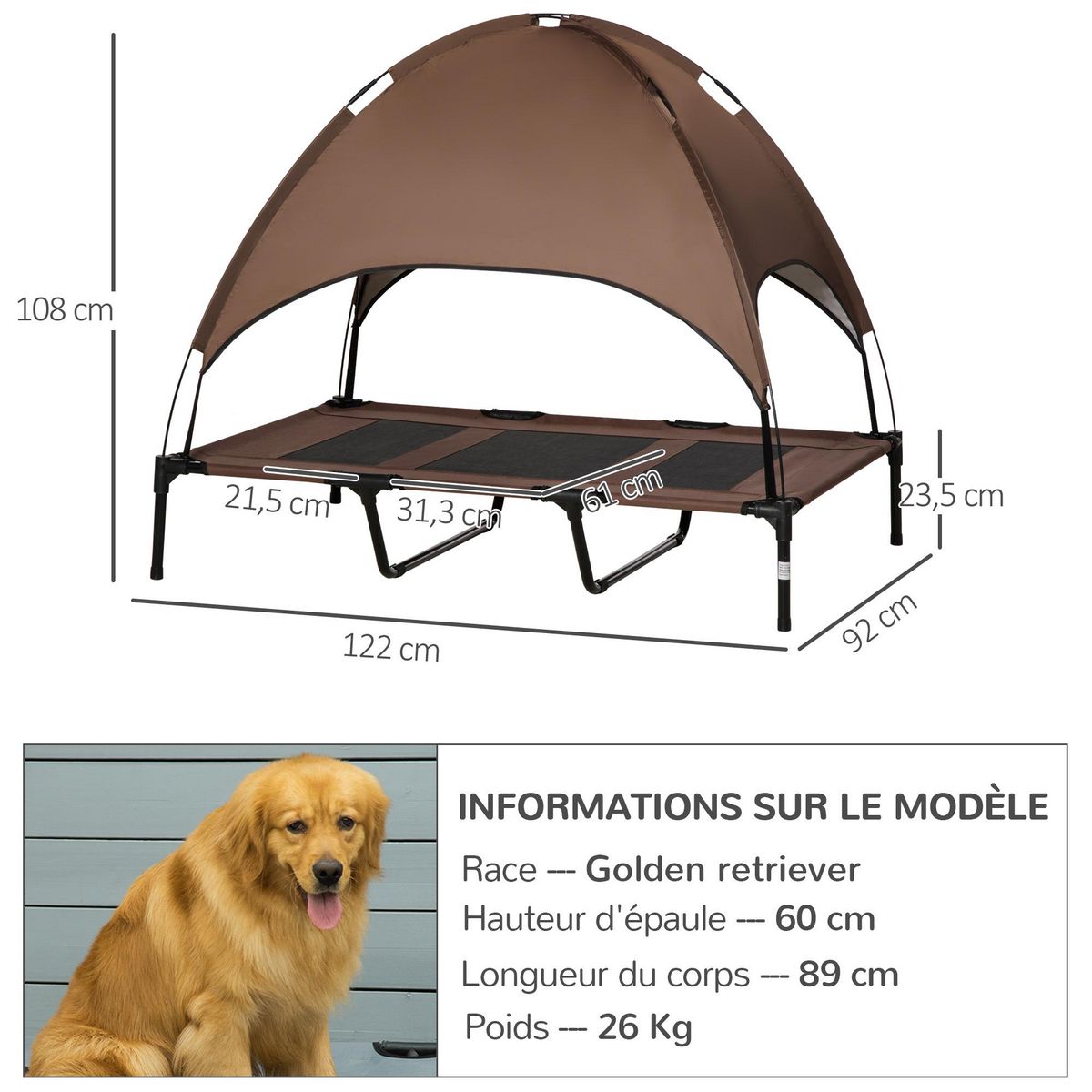 PAWHUT Lit pour chien chat sur pied velum anti-UV tissu Oxford micro-perforé sac transport inclus marron