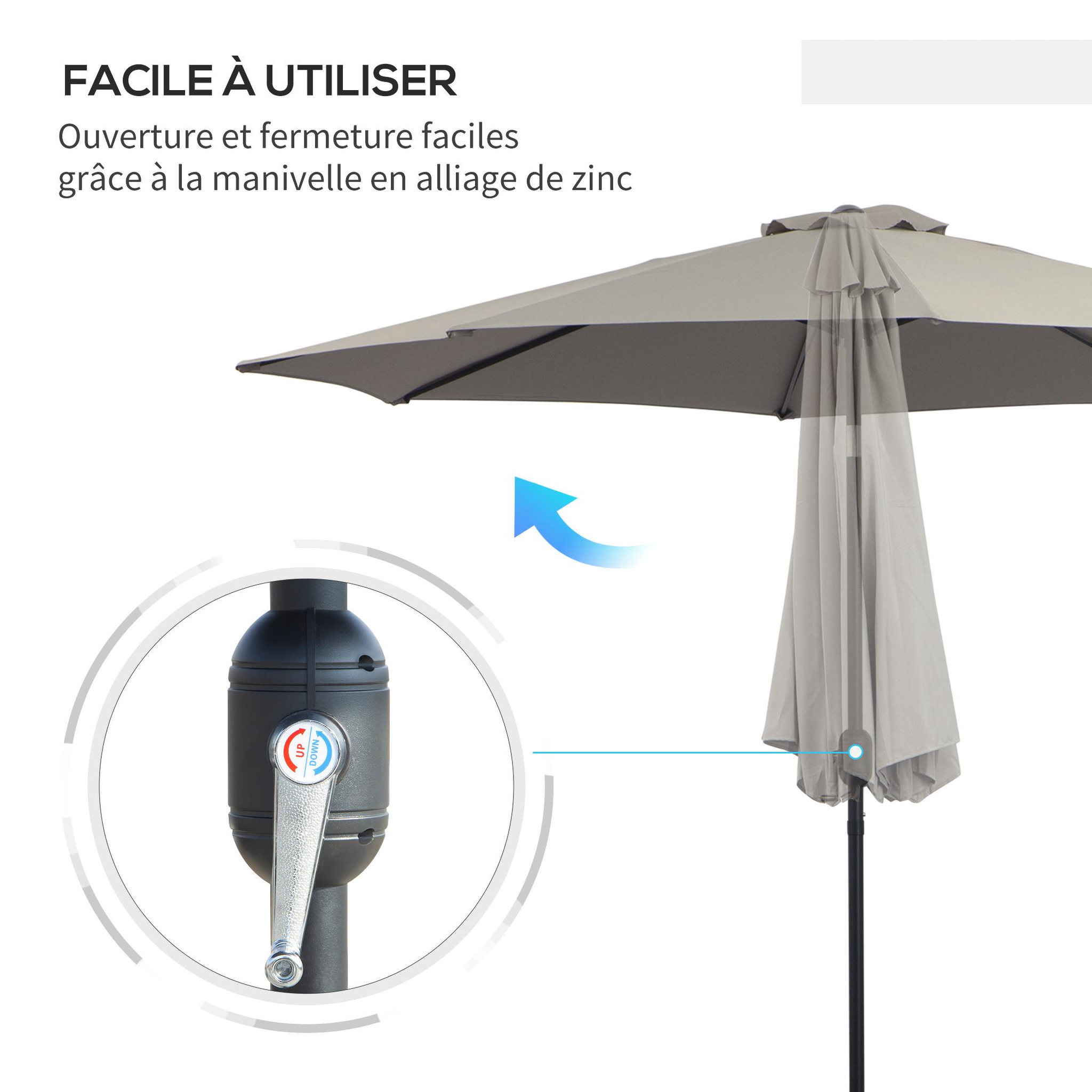 Voir la diapositive 5 : OUTSUNNY Parasol inclinable octogonal Ø 3 x 2,45 m ouverture fermeture par manivelle métal polyester haute densité gris clair