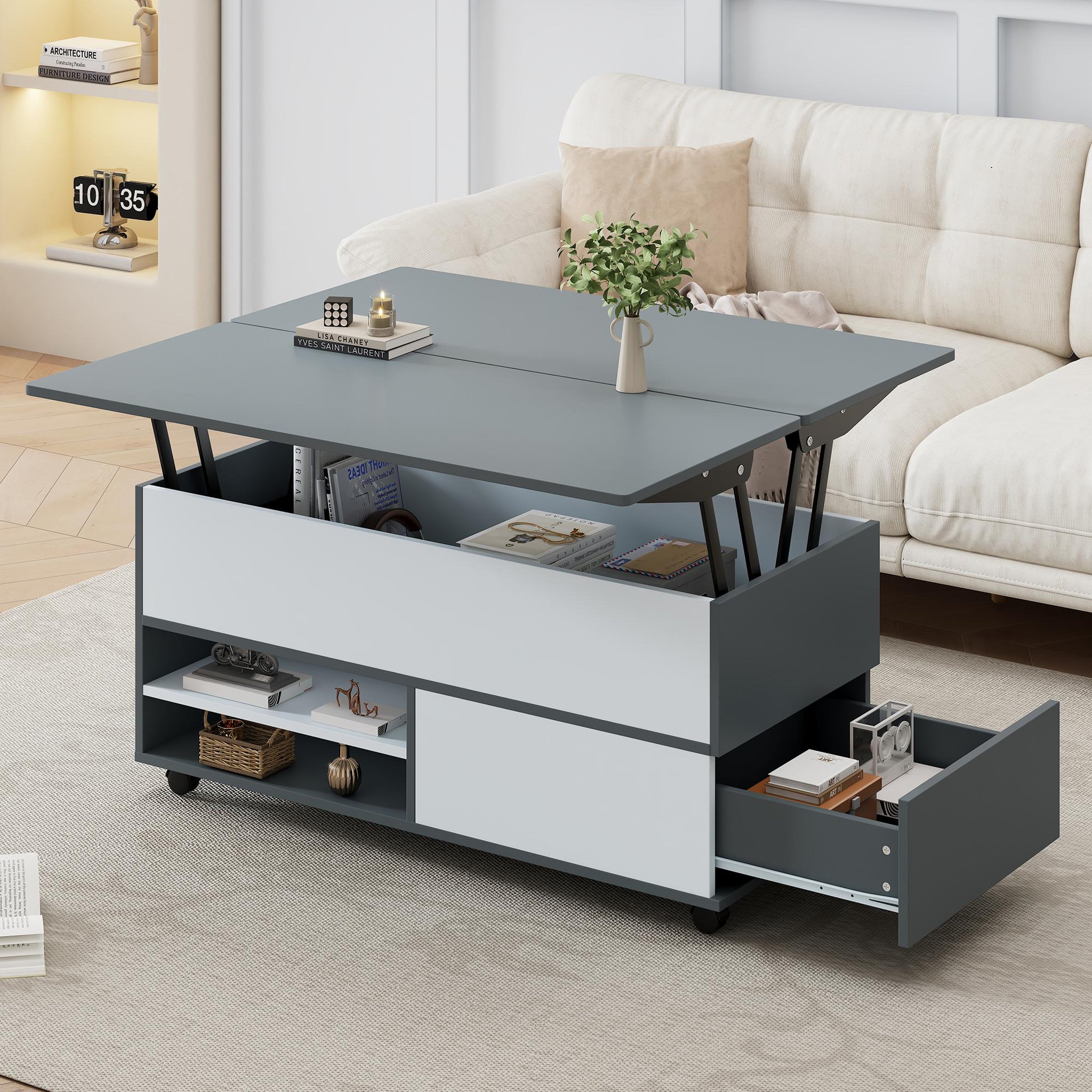 Voir la diapositive 2 : MERAX Table basse relevable rectangulaire gris - 98x100 cm panneau de particules