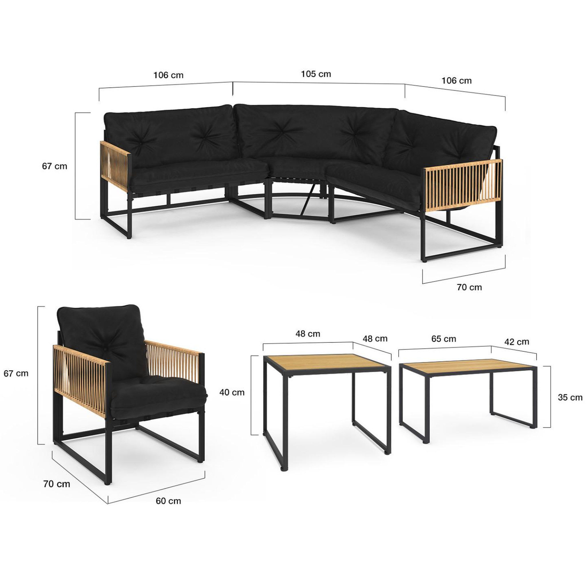 Voir la diapositive 6 : ID MARKET Salon de jardin bas rio 8 places salon d'angle structure métal et cordage effet rotin clair et coussins noir