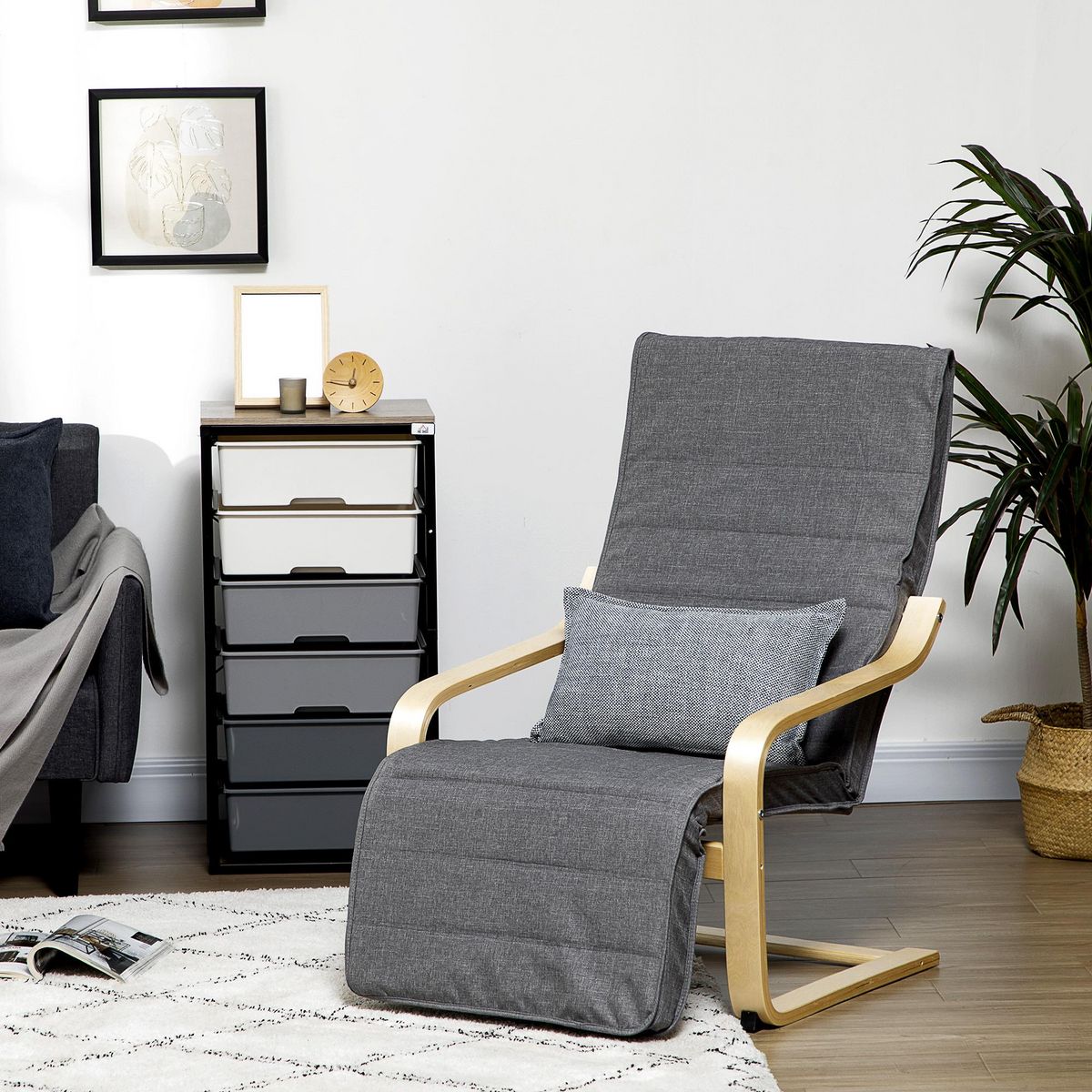 HOMCOM Fauteuil style nordique - repose-pied réglable - déhoussable - bois de bouleau tissu gris
