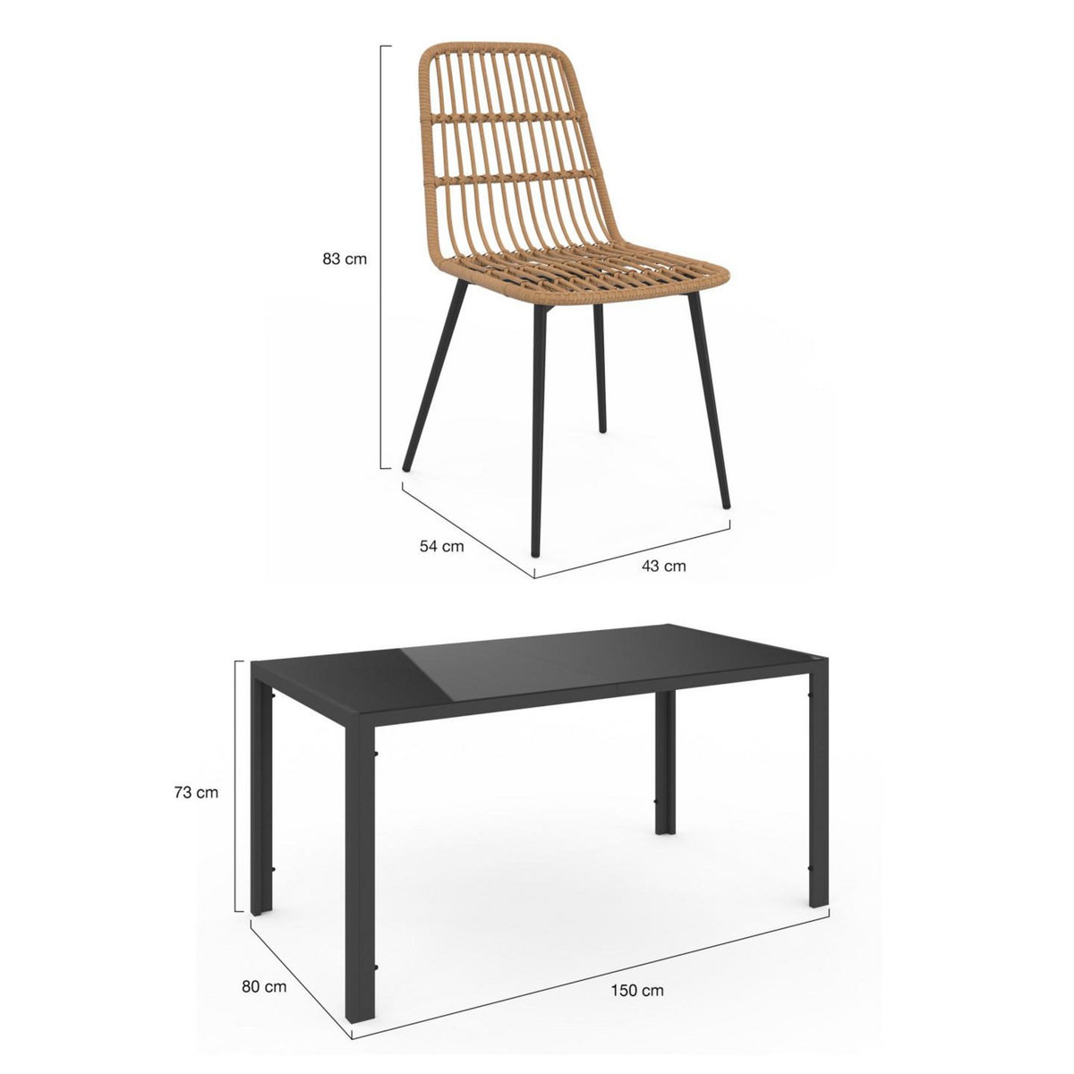 ID MARKET Salon de jardin SUMMER table 150 cm plateau verre trempé et 6 chaises rotin