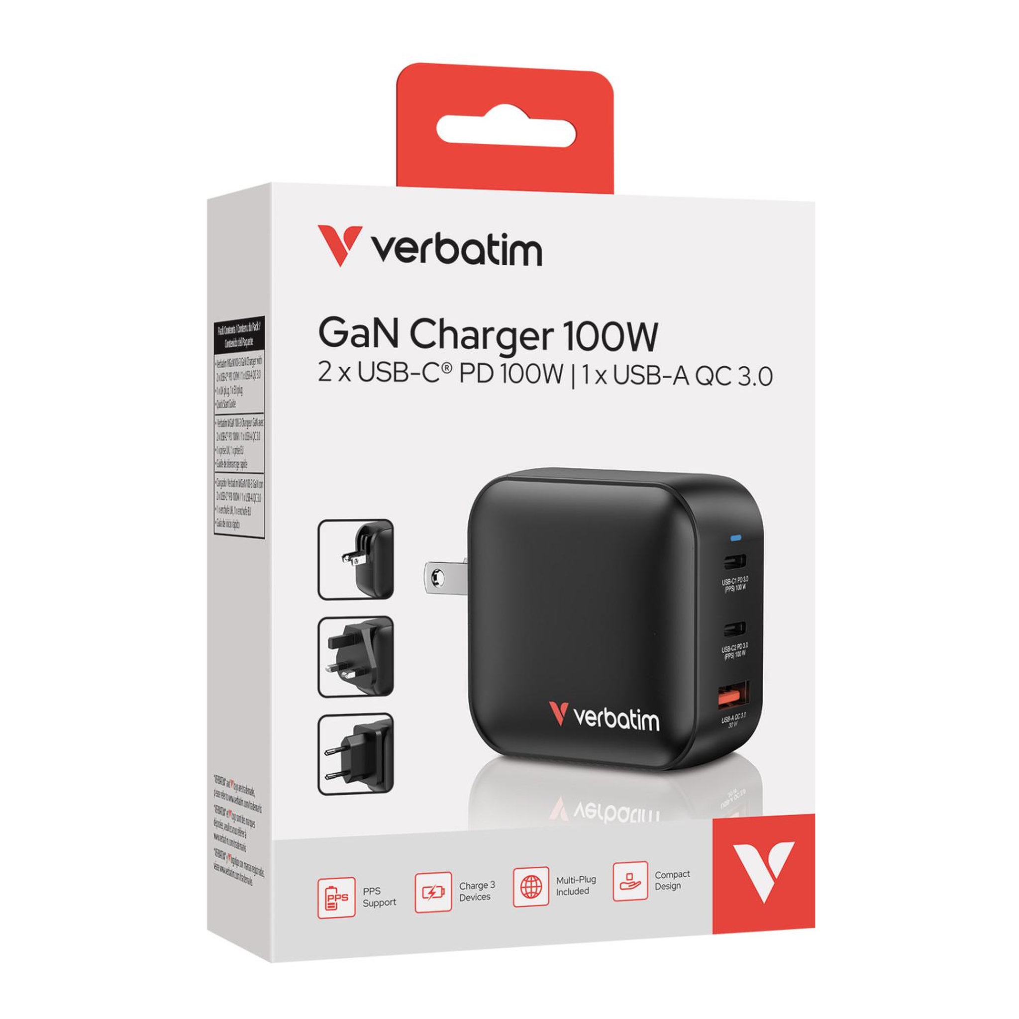 Verbatim Verbatim GaN Charger 100W Universel Noir Secteur Charge rapide Intérieure