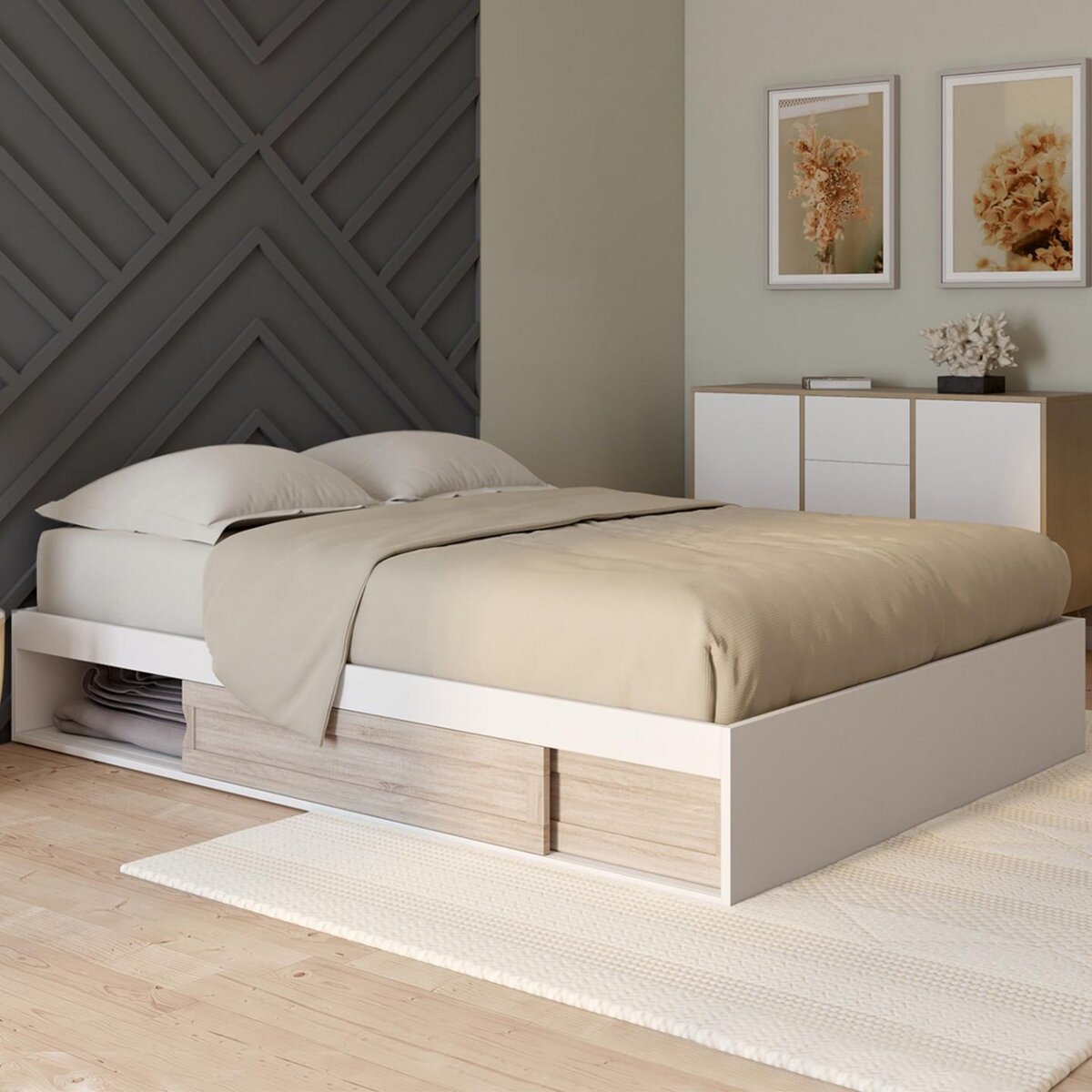 ID MARKET Cadre de lit double SALEM avec rangements et sommier 140 x 190 cm blanc et façon hêtre