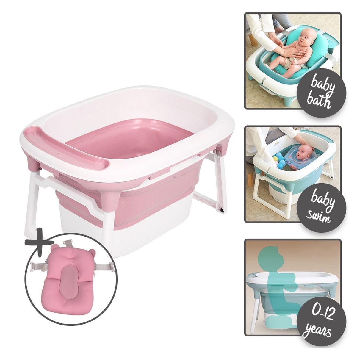 BANINNI Baignoire Bébé Évolutive Et Pliable + Coussin Bagno