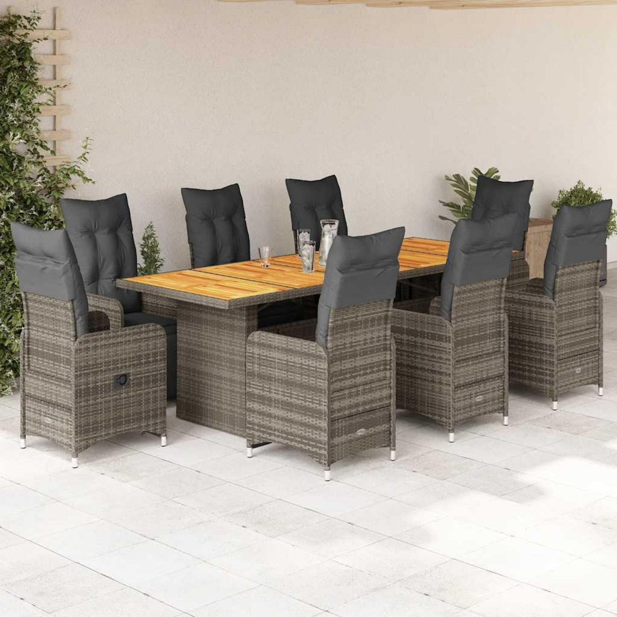 VIDAXL Ensemble de bistro de jardin 9 pcs coussins gris poly rotin