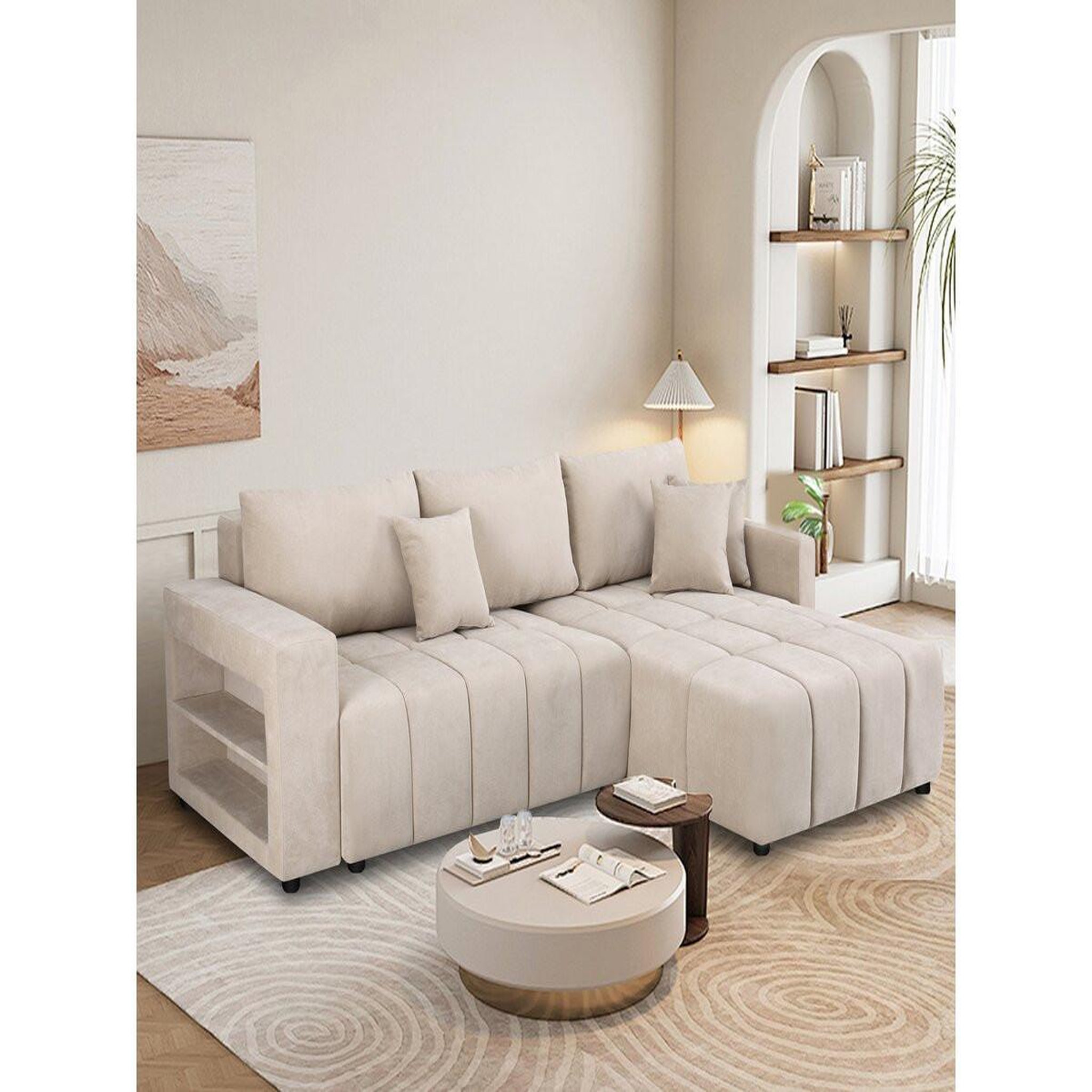 Voir la diapositive 2 : Habitat et Jardin Canapé d'angle convertible tissu chenille 3 places -  trocadero  - beige