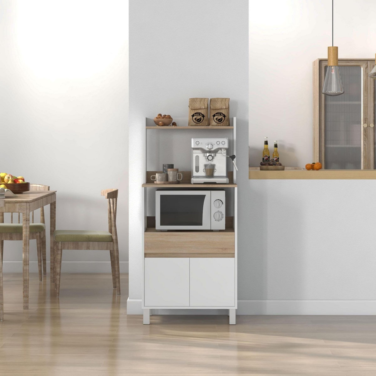 HOMCOM Meuble de rangement desserte de cuisine pour micro-ondes avec placard tiroir étagère supérieur 60 x 40 x 131 cm naturel et blanc