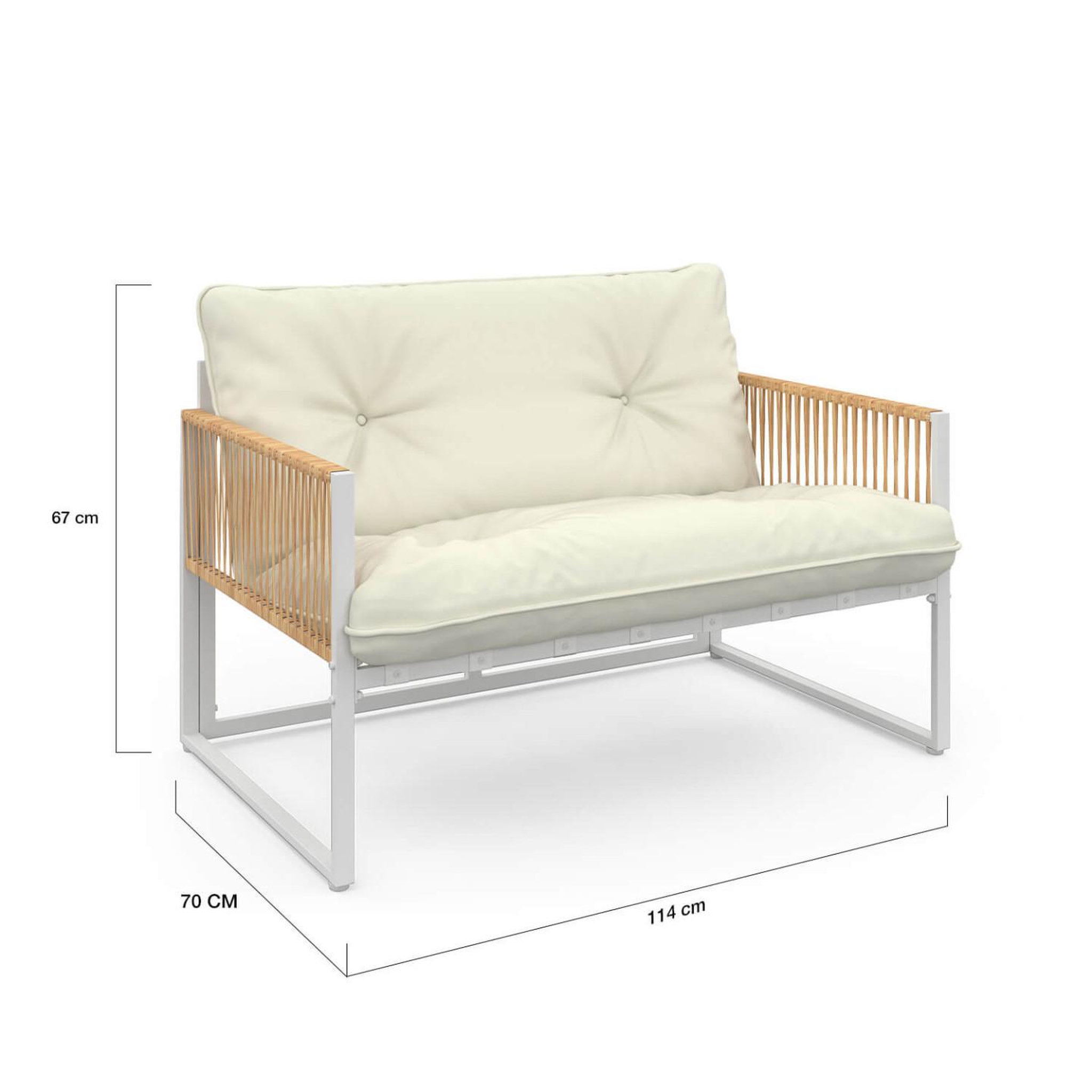 Voir la diapositive 6 : ID MARKET Salon de jardin bas rio 4 places structure métal blanc, cordage effet rotin clair et coussins beiges