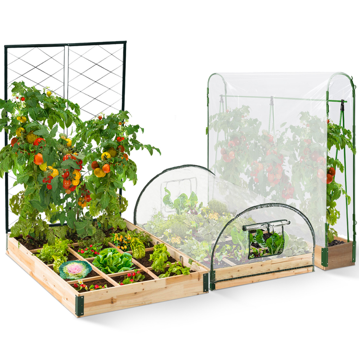 ID MARKET Kit complet 3 bacs modulables carrés potager et serre à tomates + treillis + housse