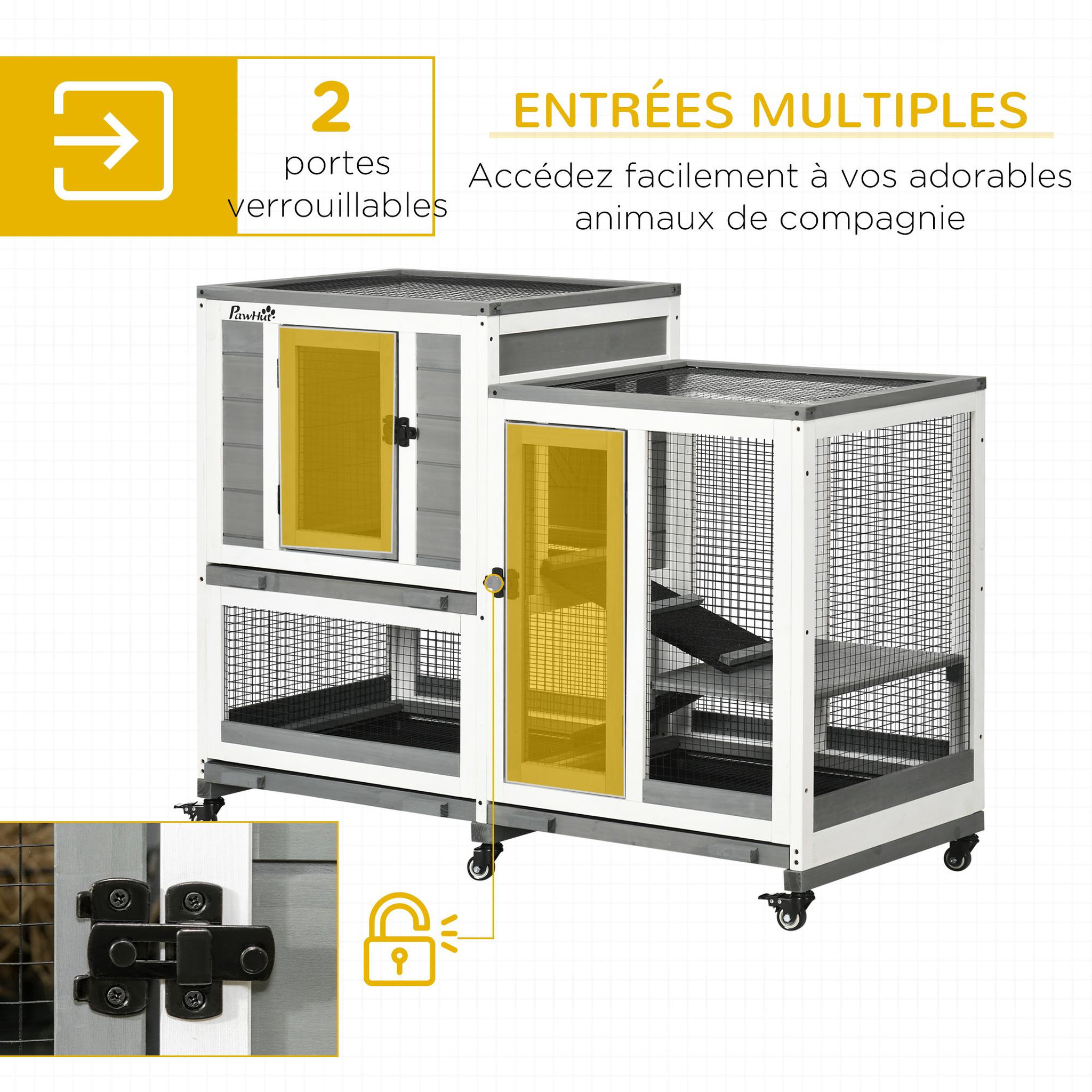 Voir la diapositive 5 : PAWHUT Clapier à lapin sur roulettes cage à lapin 3 niveaux 2 portes verrouillables 3 plateaux coulissants rampes bois sapin acier gris blanc