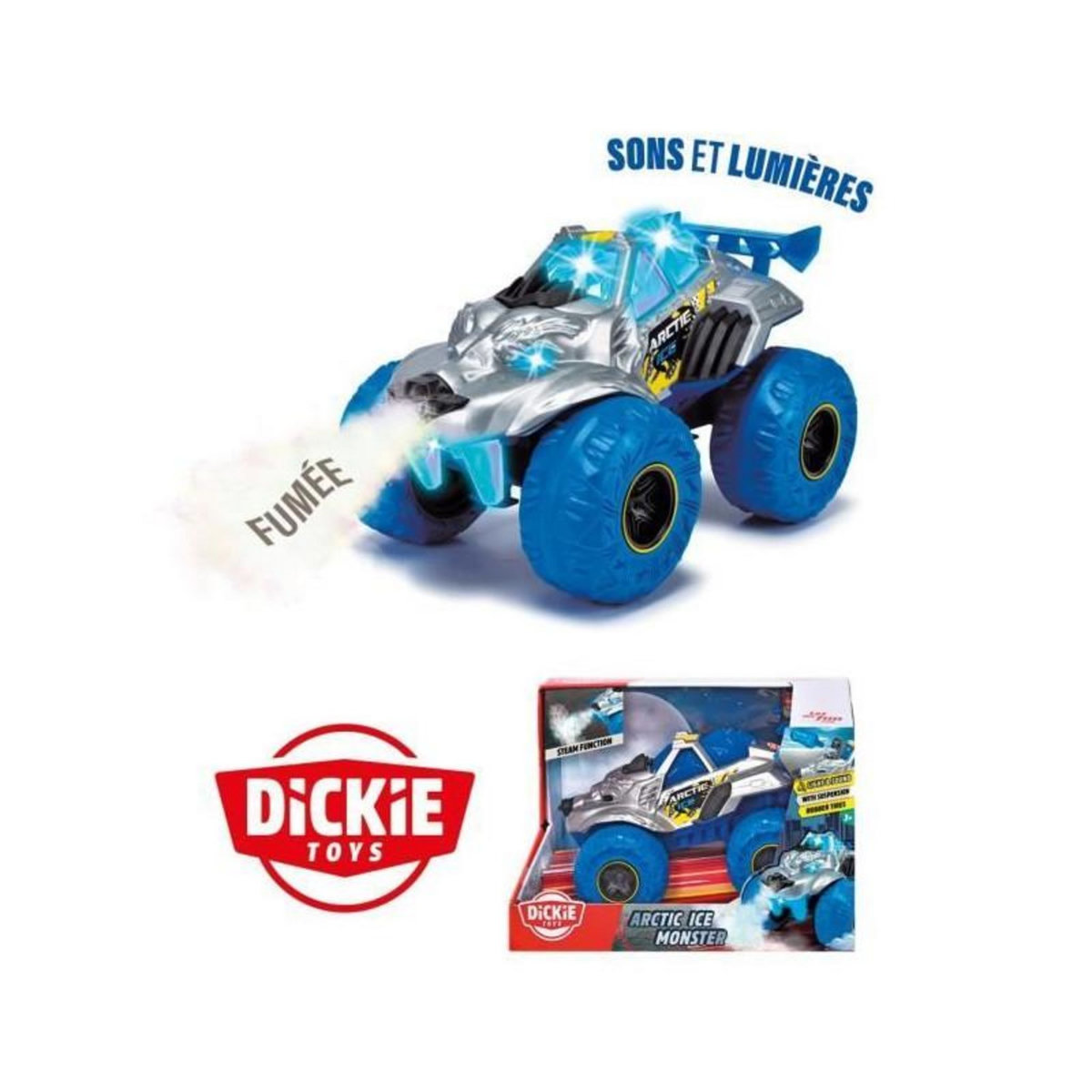 Dickie Dickie - Monster Arctic Ice -Véhicule 25cm - Fonction fumée - Sons et lumieres