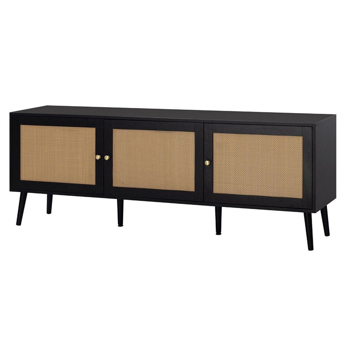 BEST MOBILIER Goto - meuble tv - noir et cannage - 3 portes - 167 cm
