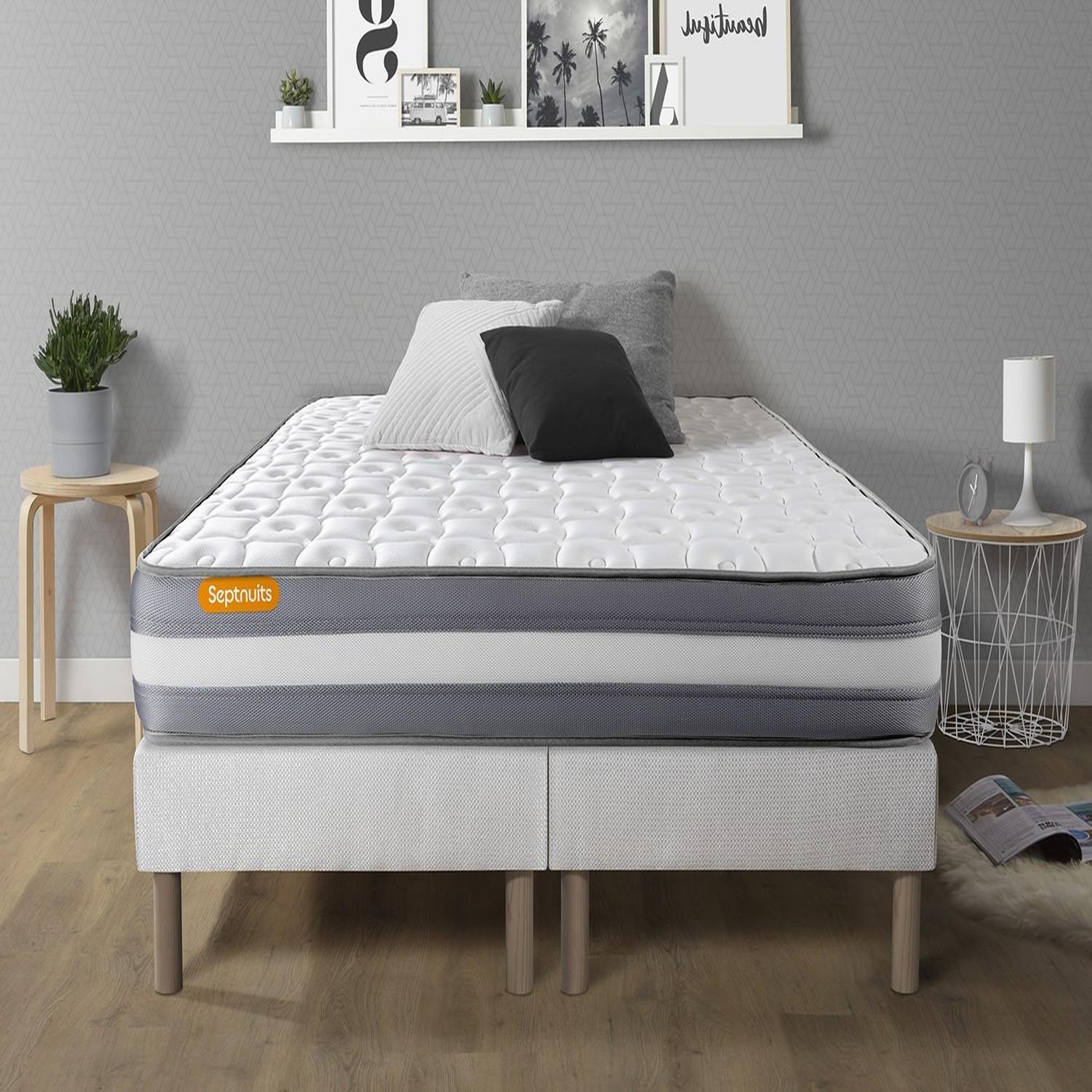 SEPTNUITS Matelas + double sommiers Memo Plus Mémoire de forme 3 zones. Coloris disponibles : Blanc