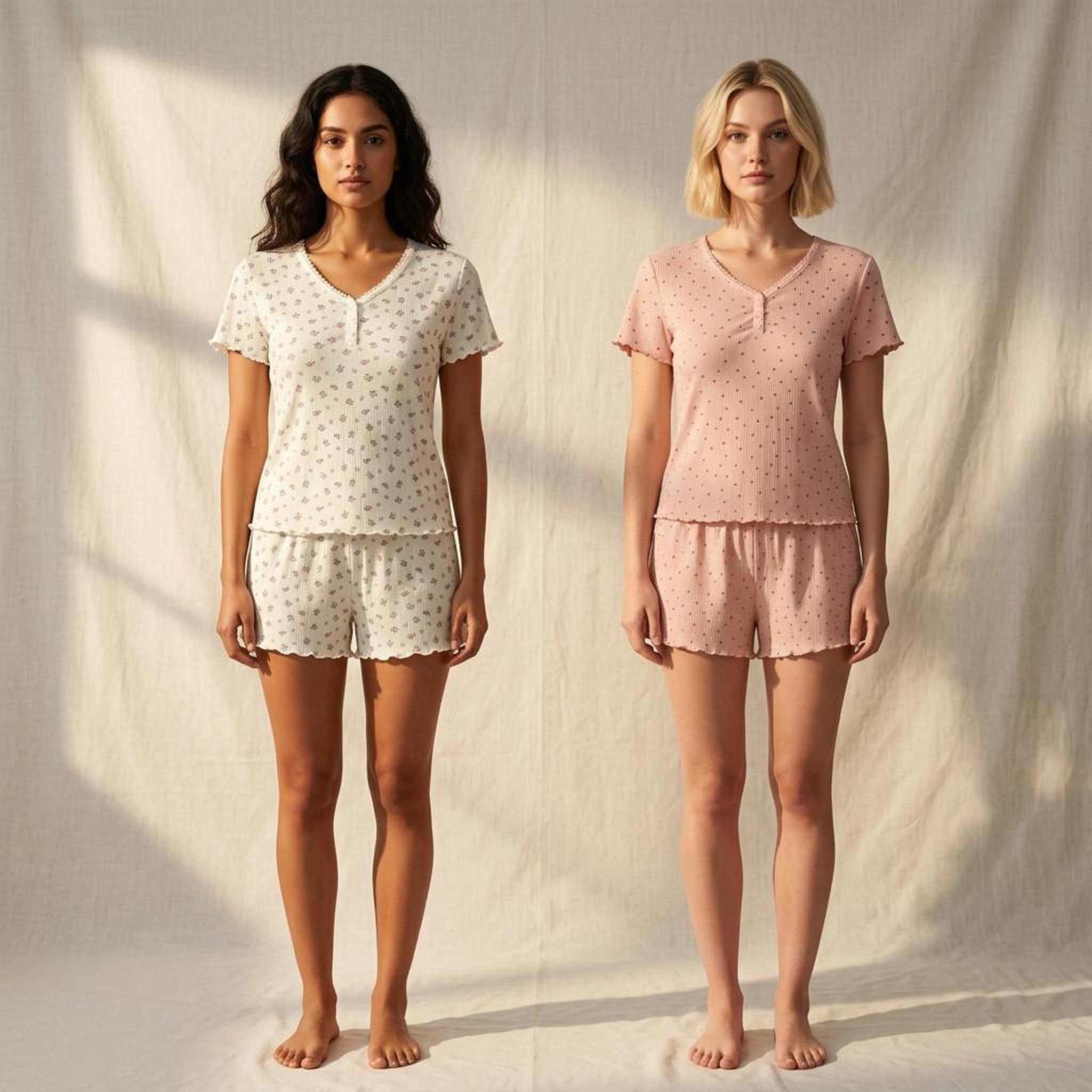 Voir la diapositive 6 : OZABI OZABI Pack 2 Pyjamas Femme, Col V Boutonné, Short Froufrou, Fleuri et Coeurs