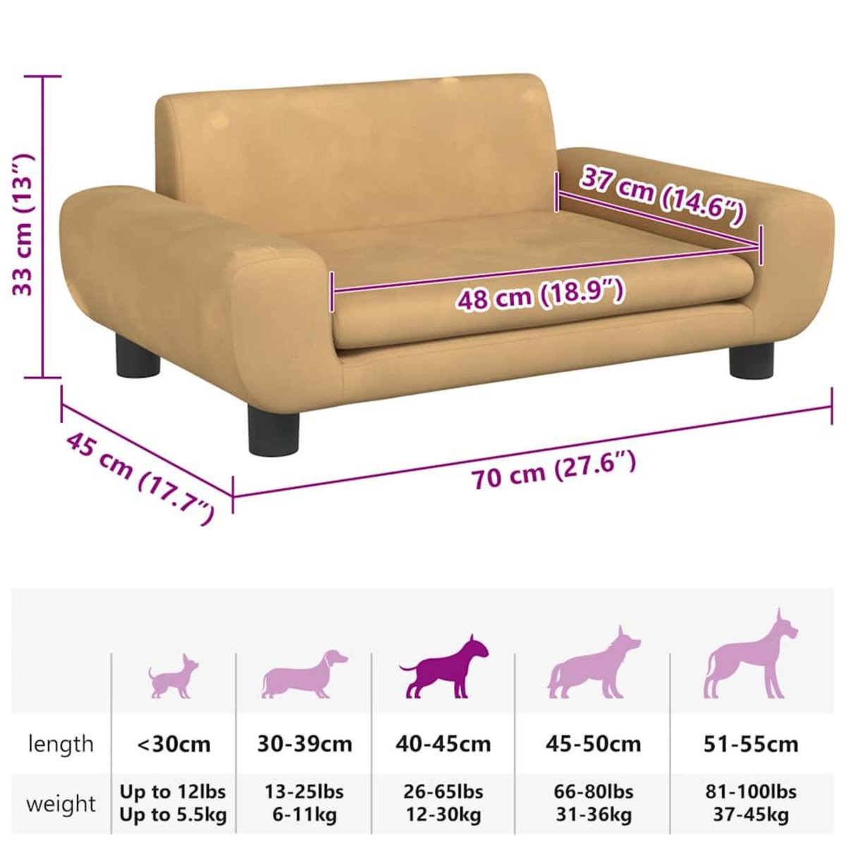 VIDAXL Lit pour chien marron 70x45x33 cm velours