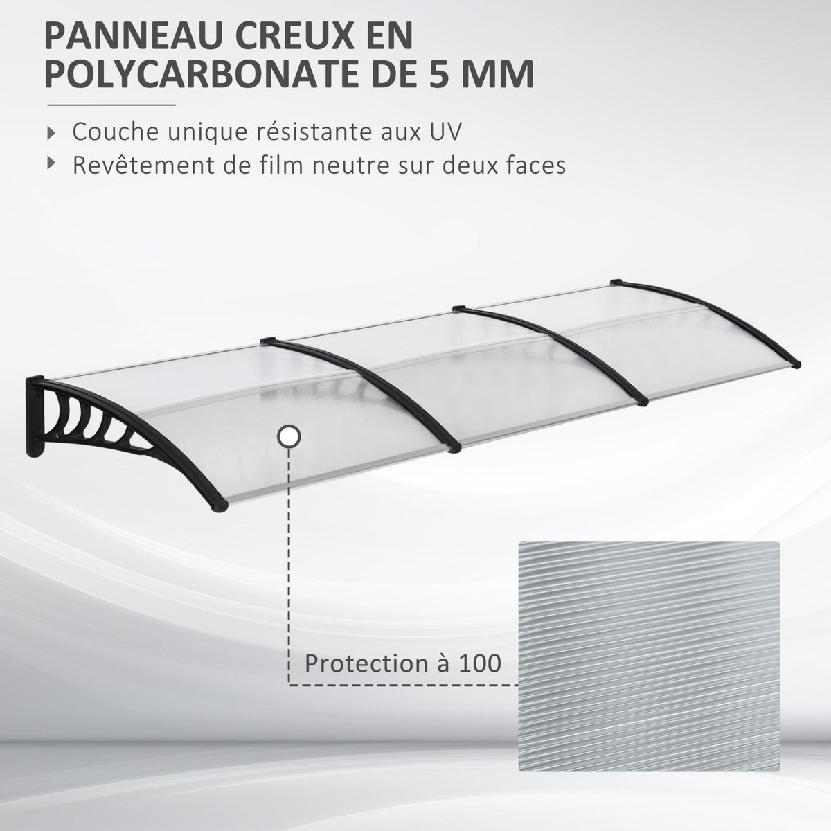 OUTSUNNY Auvent marquise de porte design voûté arrondi dim. 303L x 96l x 27H cm alu polycarbonate plastique noir