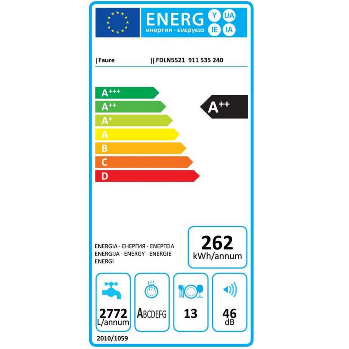 FAURE Lave-vaisselle 60cm 13c 46db a++ tout intégrable - fdln5521