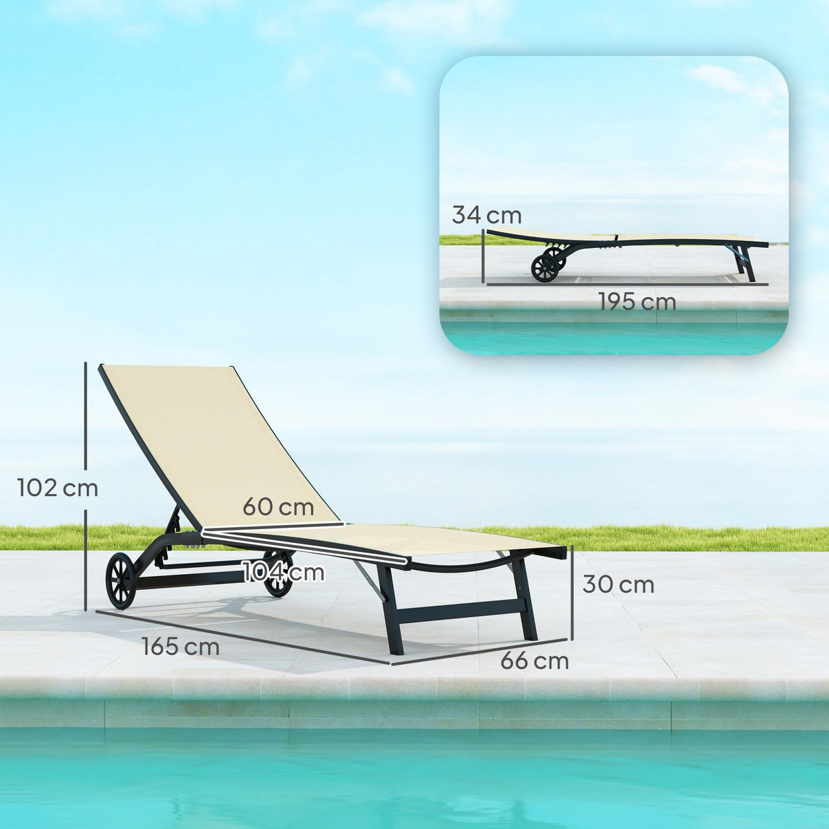 OUTSUNNY Lot de 2 bains de soleil transats inclinables - 2 roulettes - alu. textilène beige kaki