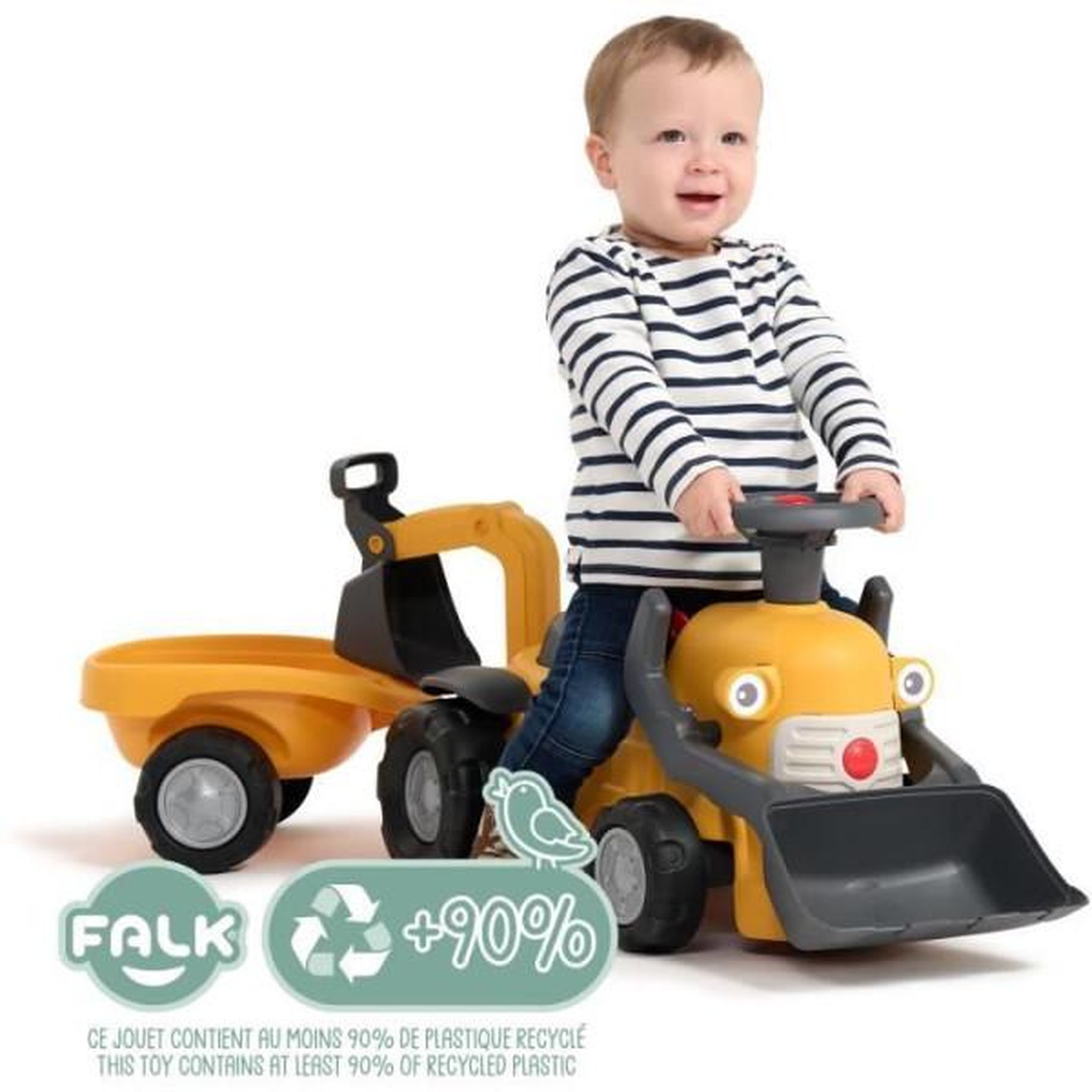 Voir la diapositive 2 : FALK Porteur Trotteur  Chantier Marcel - FALK - Pelle frontale, excavatrice - Jaune - Fabriqué en France - 90% de plastique recyclé - Des 12