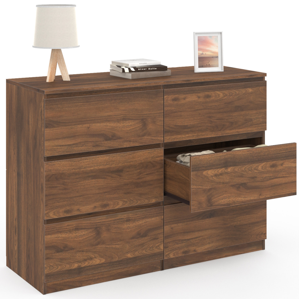 ID MARKET Commode 6 tiroirs TOMI 110 cm effet noyer