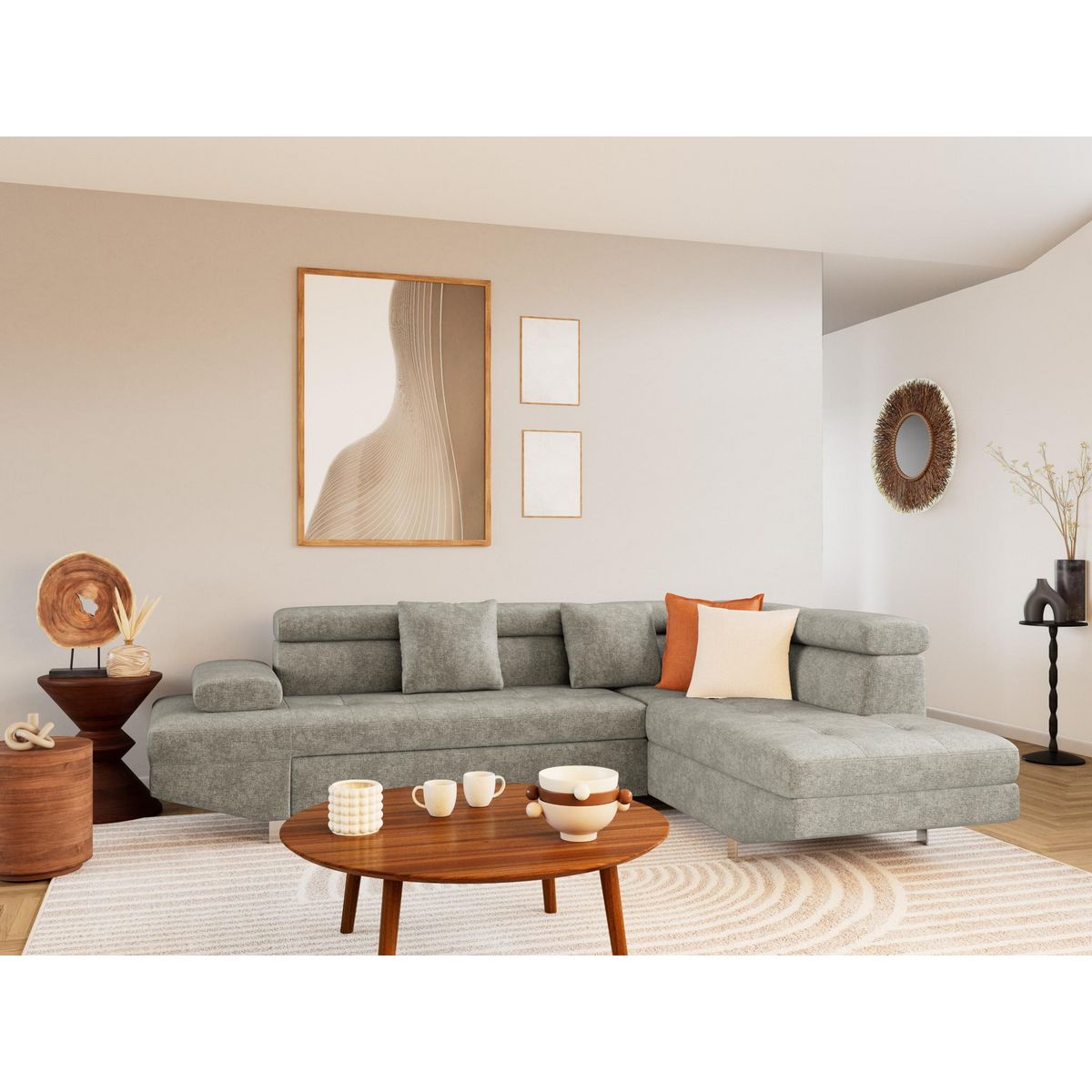 BEST MOBILIER Margaux - canapé d'angle droit 5 places convertible avec coffre et têtières réglables en velours texturé