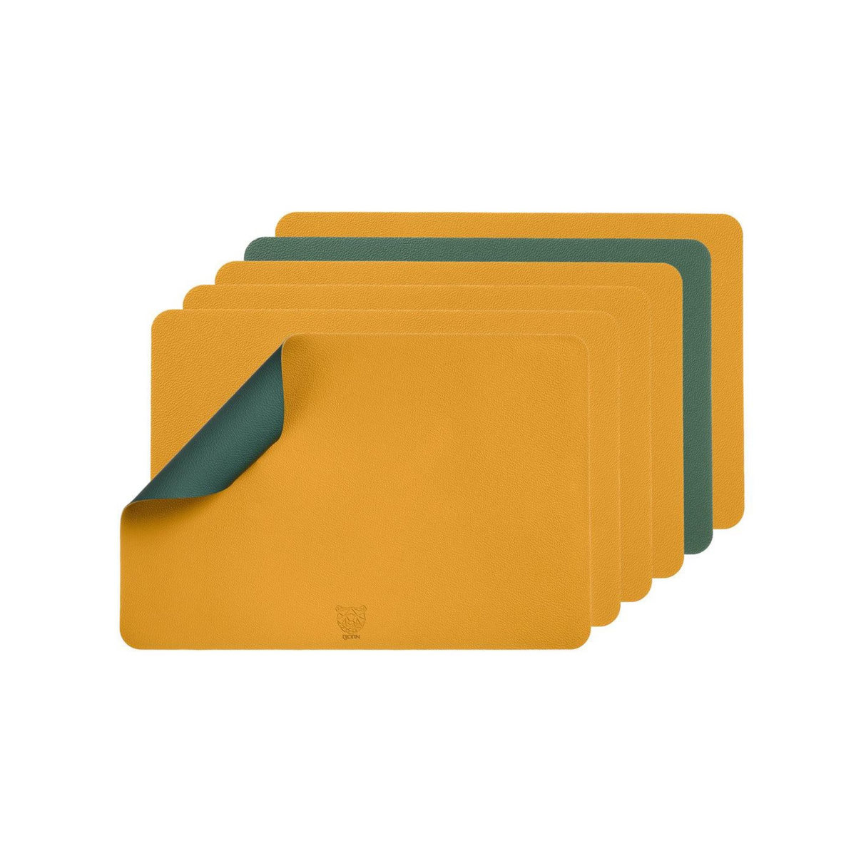 BJORN Set de table rectangulaire réversible - 6 pièces - Cuir recyclé jaune moutarde et vert sapin