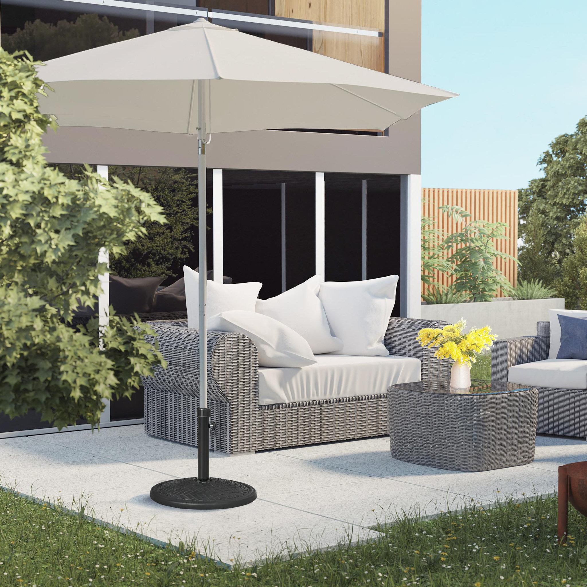 Voir la diapositive 4 : OUTSUNNY Pied de parasol rond base de lestage Ø 46 x 34 cm métal motif zig zag poids net 14 Kg noir