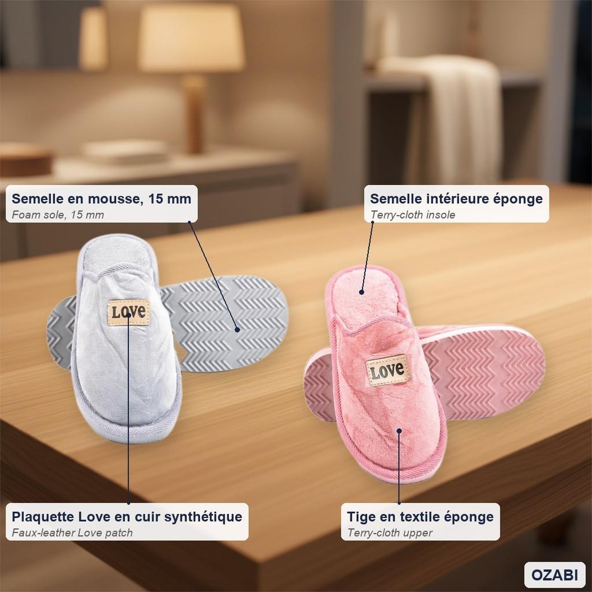 Voir la diapositive 3 : OZABI OZABI Pantoufles Ouvertes Femme, Pack de 2 Paires, Plaquette Love