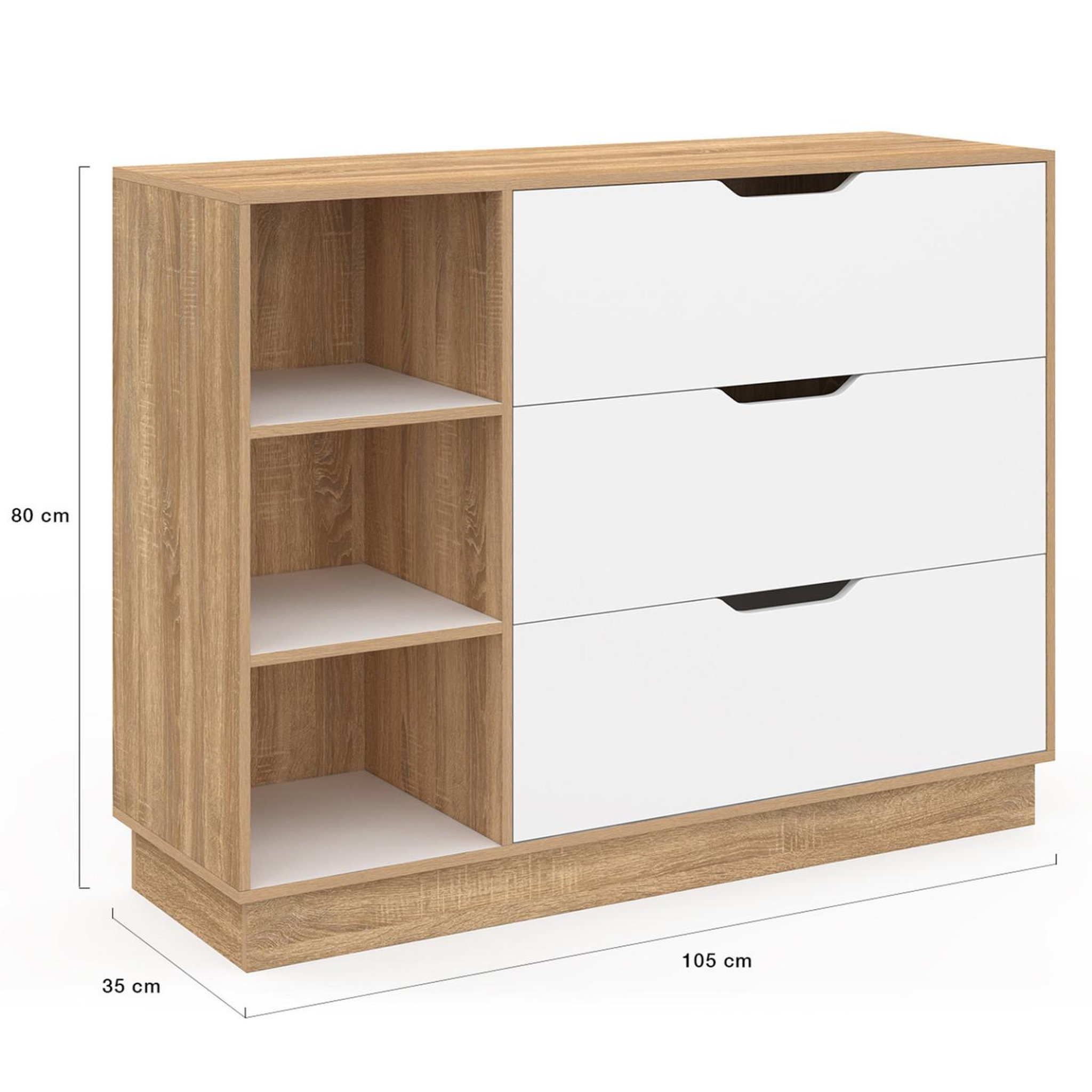 Voir la diapositive 5 : ID MARKET Commode 3 tiroirs et 3 niches oxana hêtre et blanc