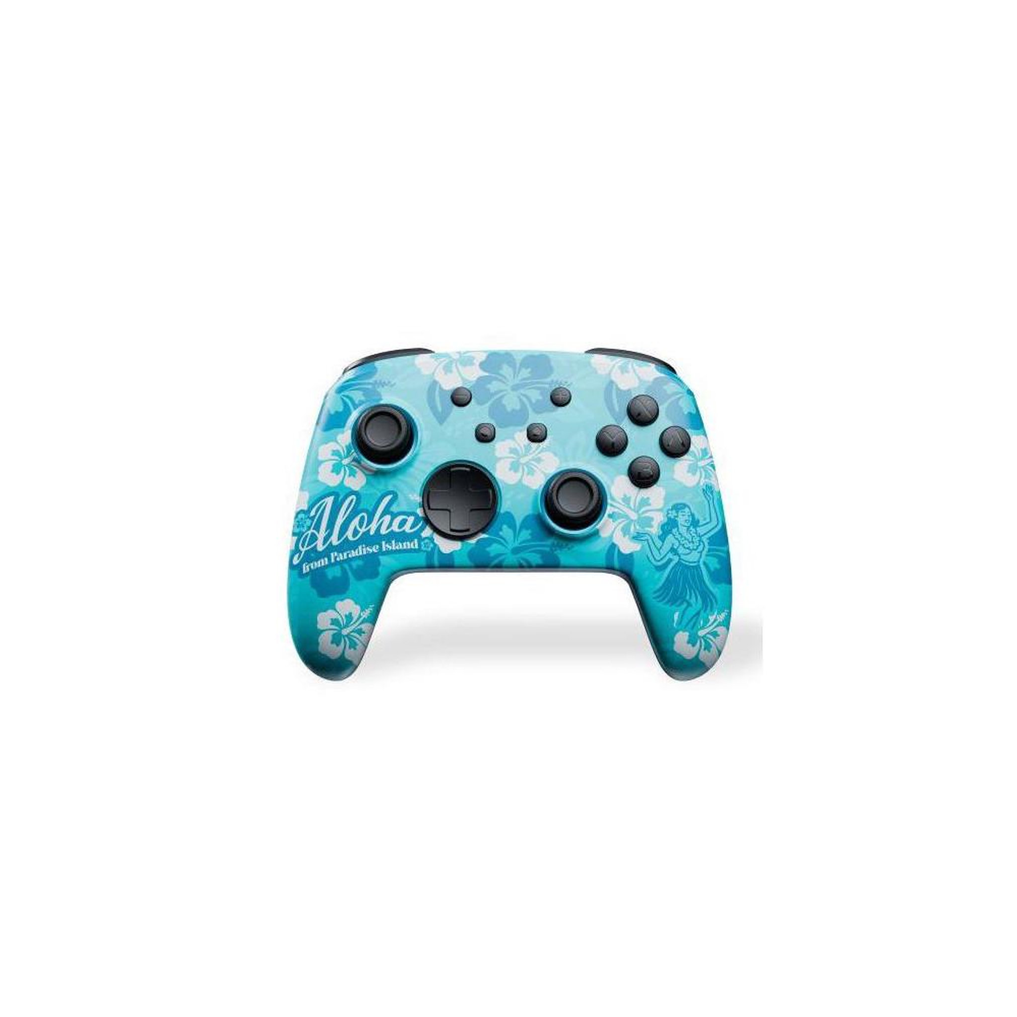 FREAKS AND GEEKS Manette sans fil RGB Aloha pour Nintendo Switch 1&2 et PC, thème floral tropical teal/bleu, boutons noirs et sticks analogiques